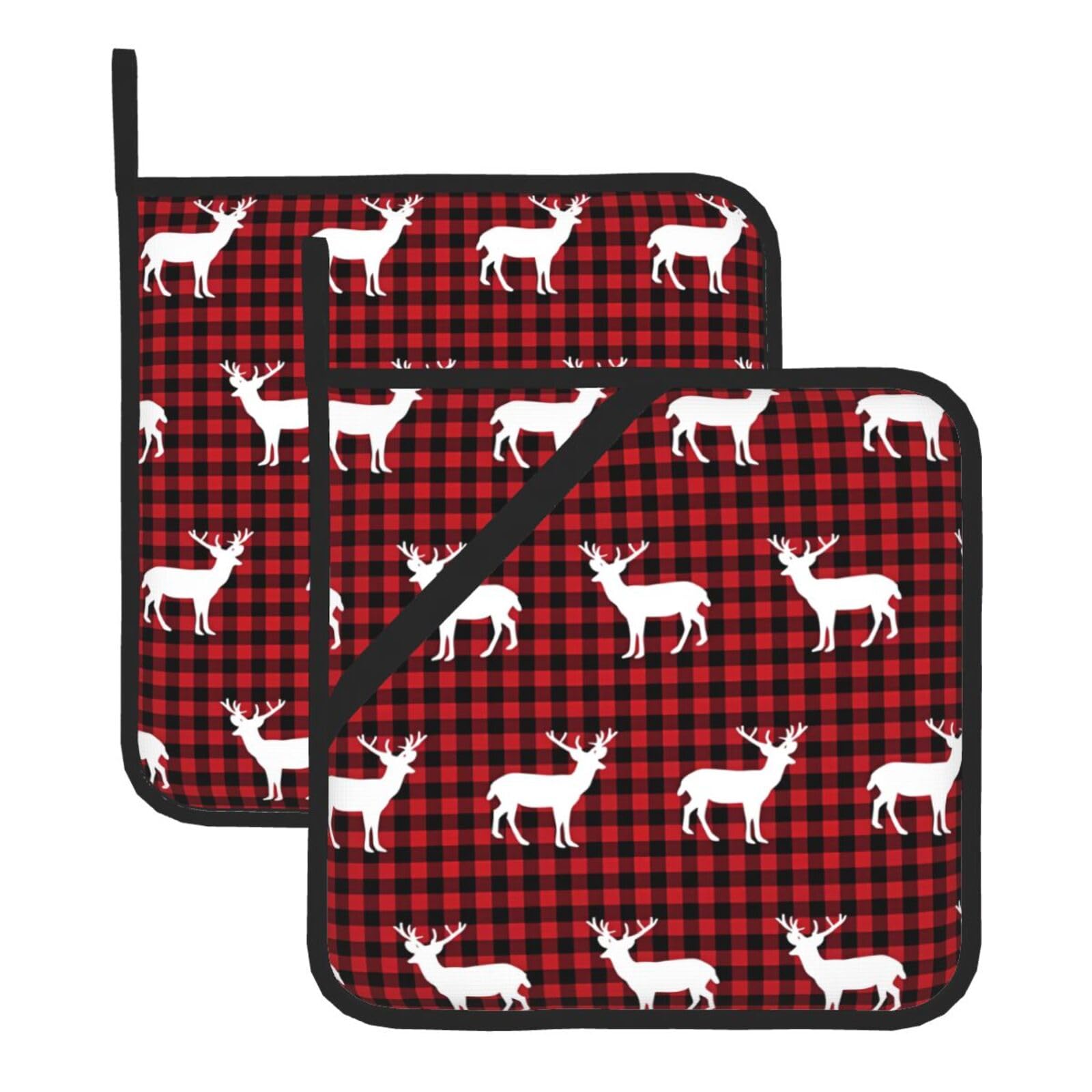HJFCZH Buffalo Plaid Deer Prints Square Hot Pads for Kitchen Counter - Waterproof Pot Holders, Durable Heat Resistant Throw Layers for Serving, Oven & BBQ - 2 Pack