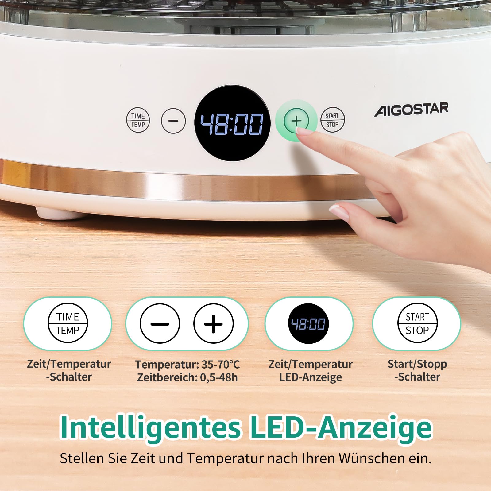Aigostar Dörrautomat, LED-Anzeige, 5 höhenverstellbaren Tabletts, 48h-Timer, Dörrgerät mit "FAN"-Modus & einstellbarer Temperatur 35-70°C, leiser Betrieb, 380W, BPA-frei, Rezeptbuch inklusive