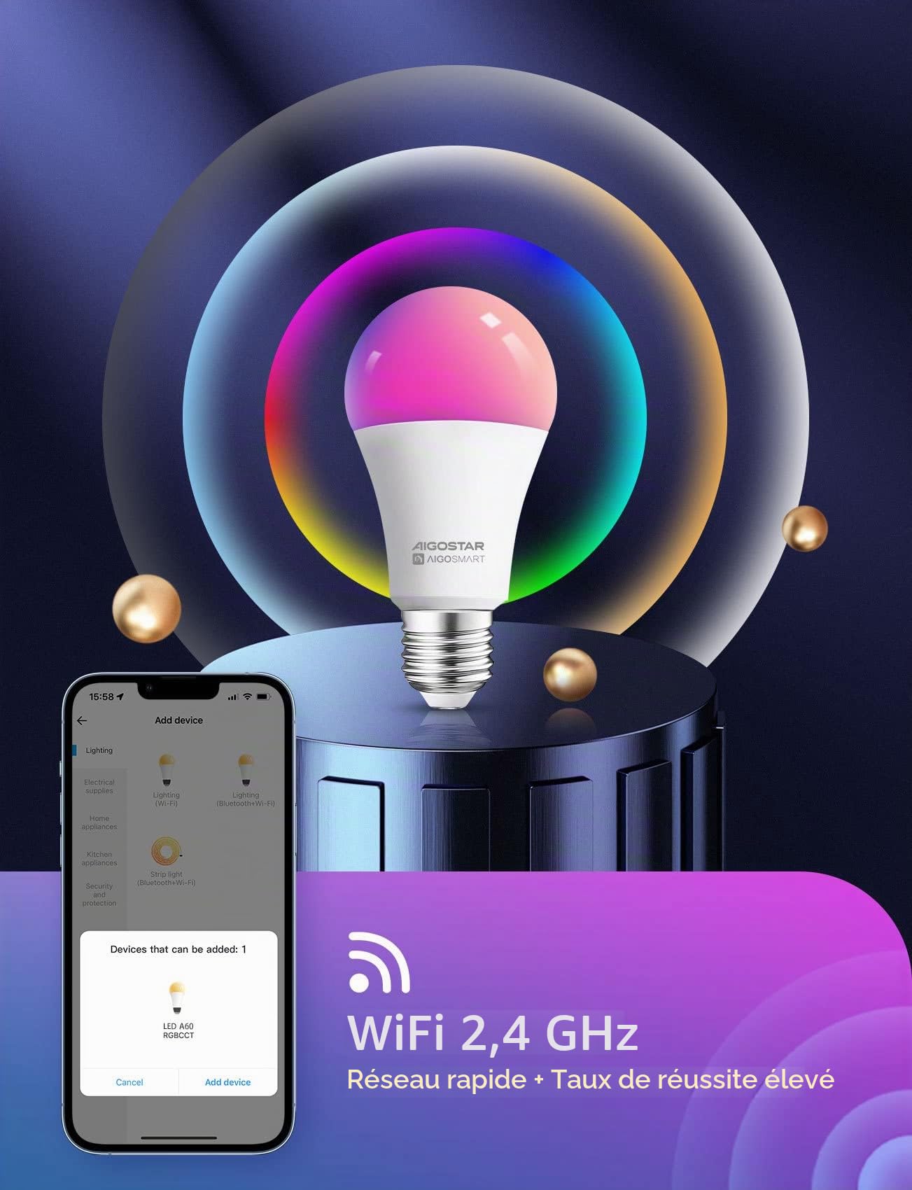 Aigostar Ampoule Connectée Wifi E27 SL2 9W LED Ampoule Connectée Alexa RGB/2700K-6500K, Compatible Avec Alexa/Google Home, Synchroniser avec la musique, Pas Besoin de Hub, 6 PCS