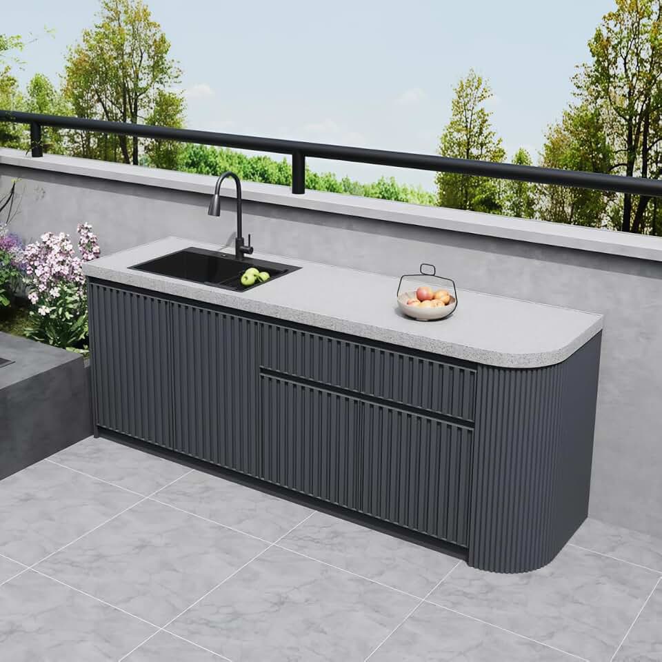 Outdoor Storage Cabinet - Modern Outdoor Sink Cabinet with Curved Corners & Striped Cabinet Doors, Kitchen Table with Integrated Sink & 2 Storage Drawers, Grey (79IN)