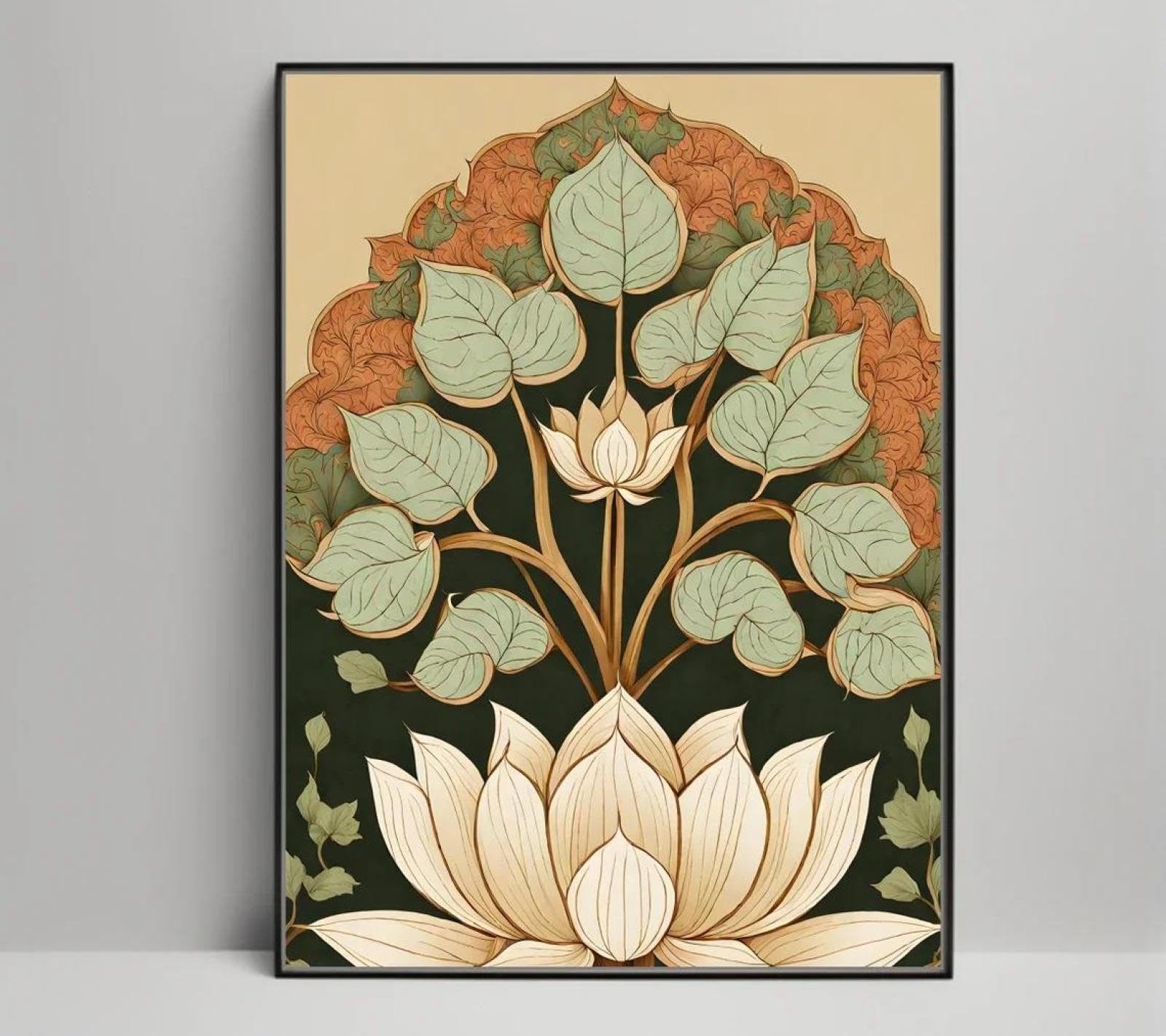 Baibexing Lotus Flower Vintage Mandala Canvas Painting Wall Art Poster, Indian Botanical Print, Traditional Floral Illustration, Boho Home Decor A2 30X40Cm Unframed