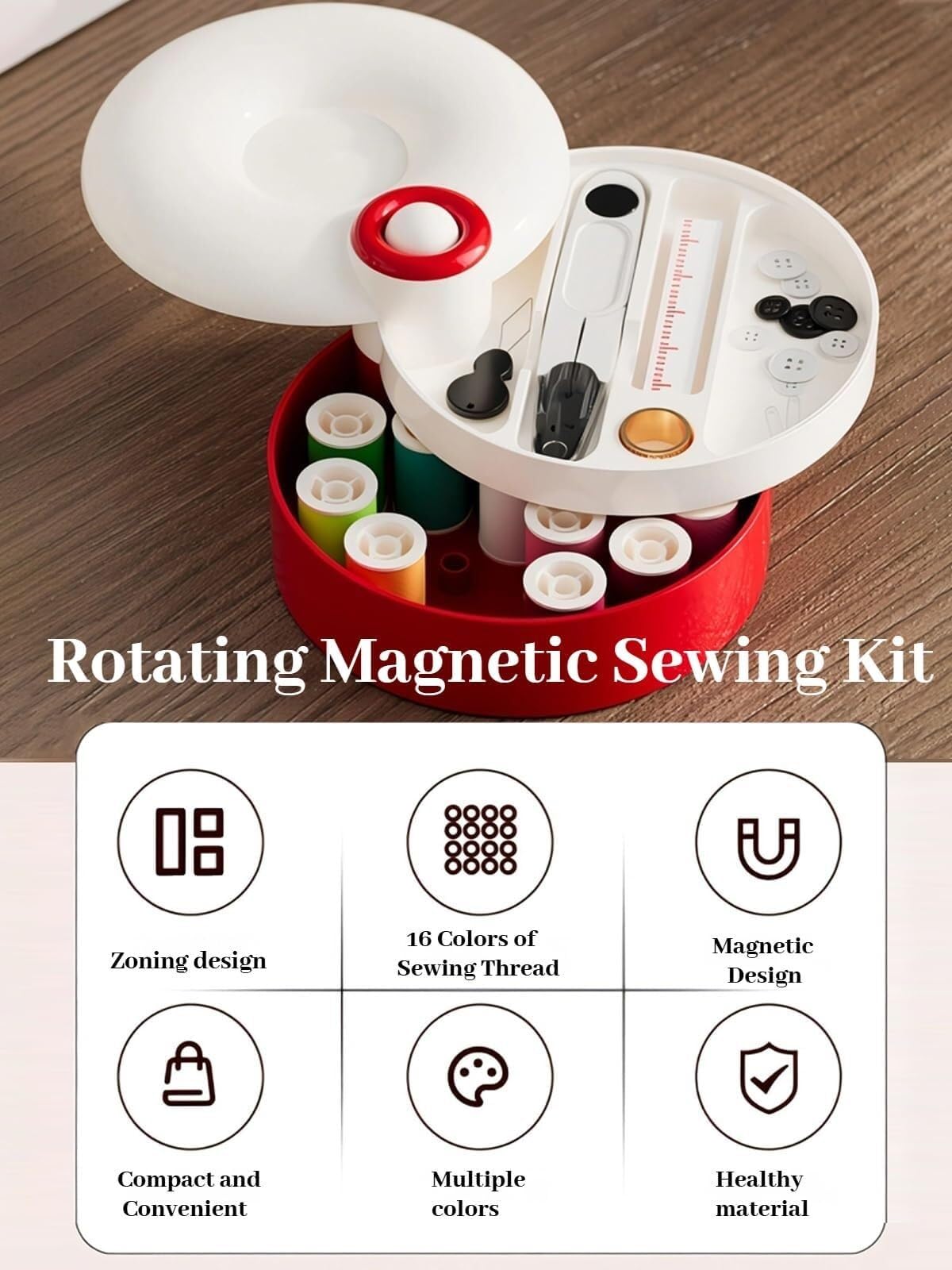Kit de costura magnético giratorio con diseño de rama superior e inferior, herramienta de agujas manuales, kit de costura portátil de viaje for adultos y principiantes.(Red+green)