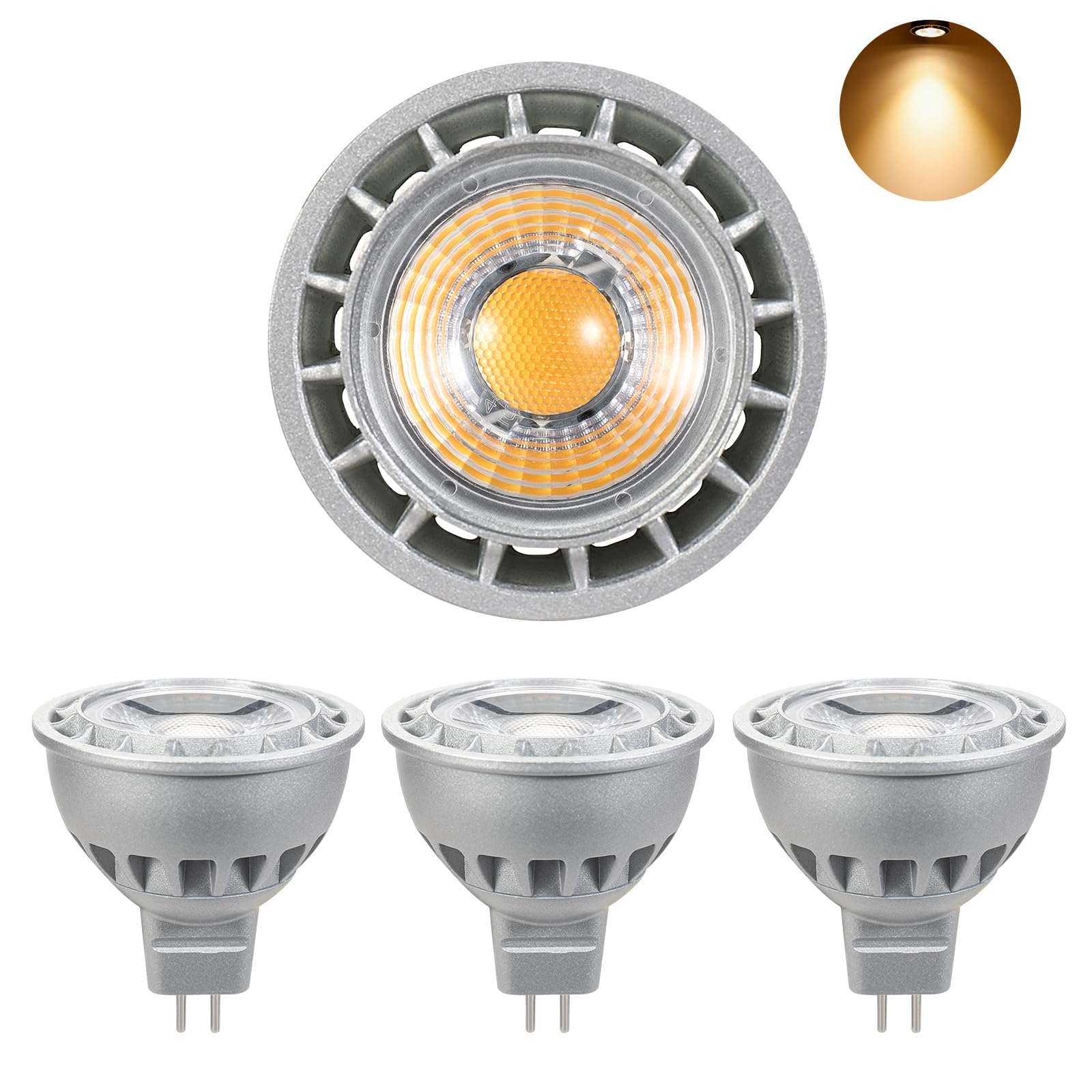 MR16 LED Bulbs, AC/DC 12V, 500LM Warm White 3000K Spot, 5W LED Bulbs Replacement for 50W Halogen Bulbs, No Flickering, No Dimming, 45° Beam Angle LED Spot MR16 (Pack of 4)