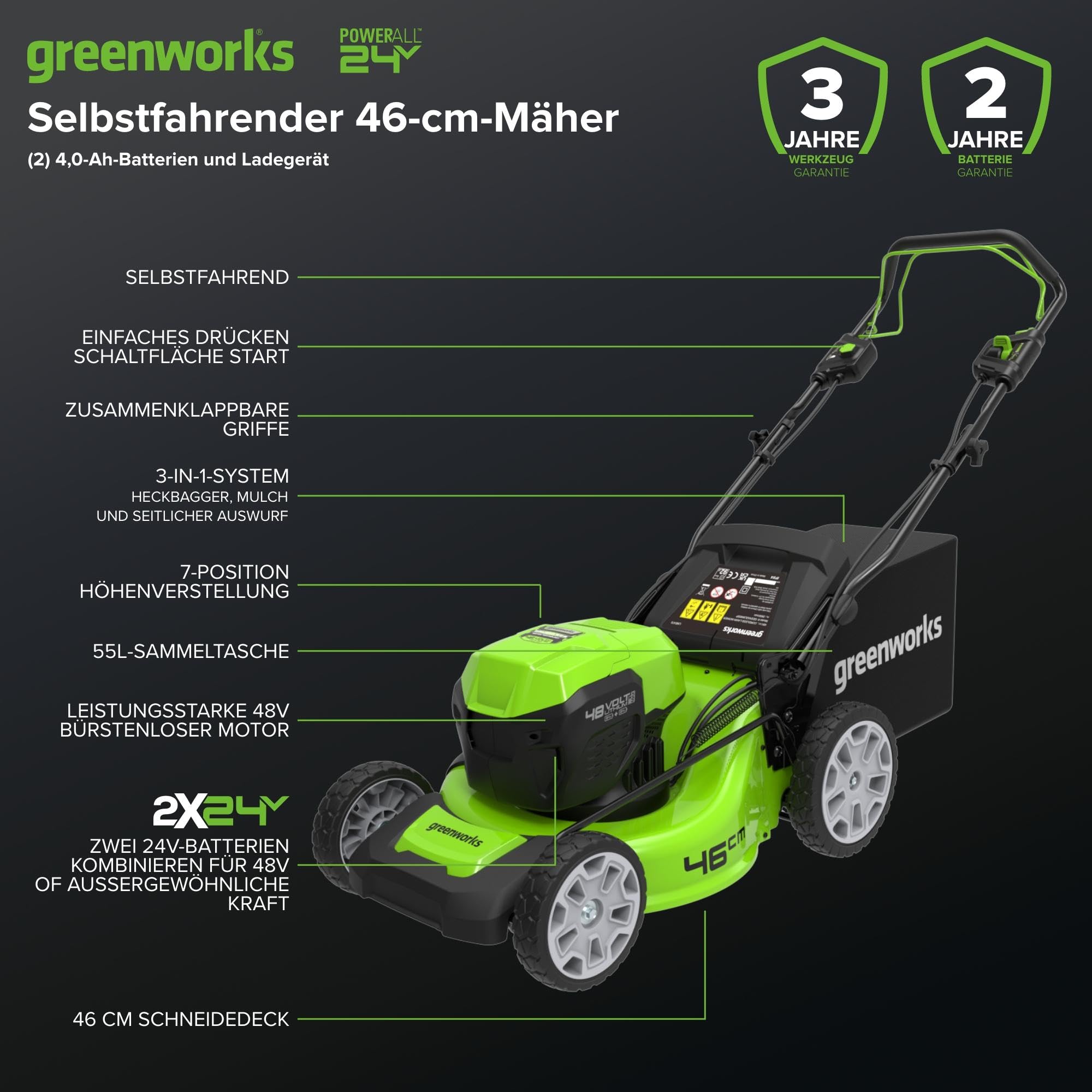 Greenworks Selbstfahrender Akku Rasenmäher 48V (24V x 2) bis zu 480m², 46cm Schnittbreite, 55L Sack Rasenmäher Elektro Plus Zwei 4Ah-Akkus und Doppelladegerät,3 Jahre Garantie,GD24X2LM46SPK4X