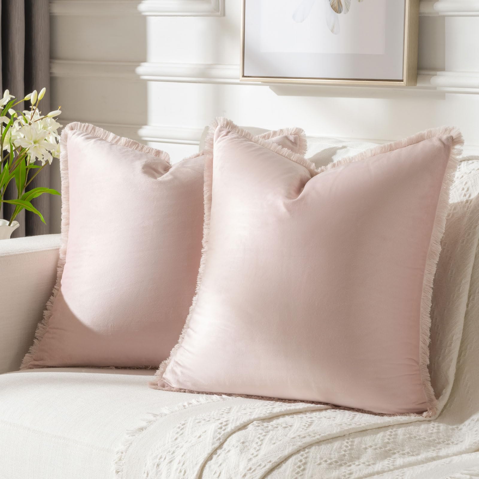 FUTEI Valentine's Day Pink Velvet Decorative Throw Pillow Covers 18x18 Set of 2,Soft Cozy Edge with Tassels Cushion Case,Boho Modern Home Decor for