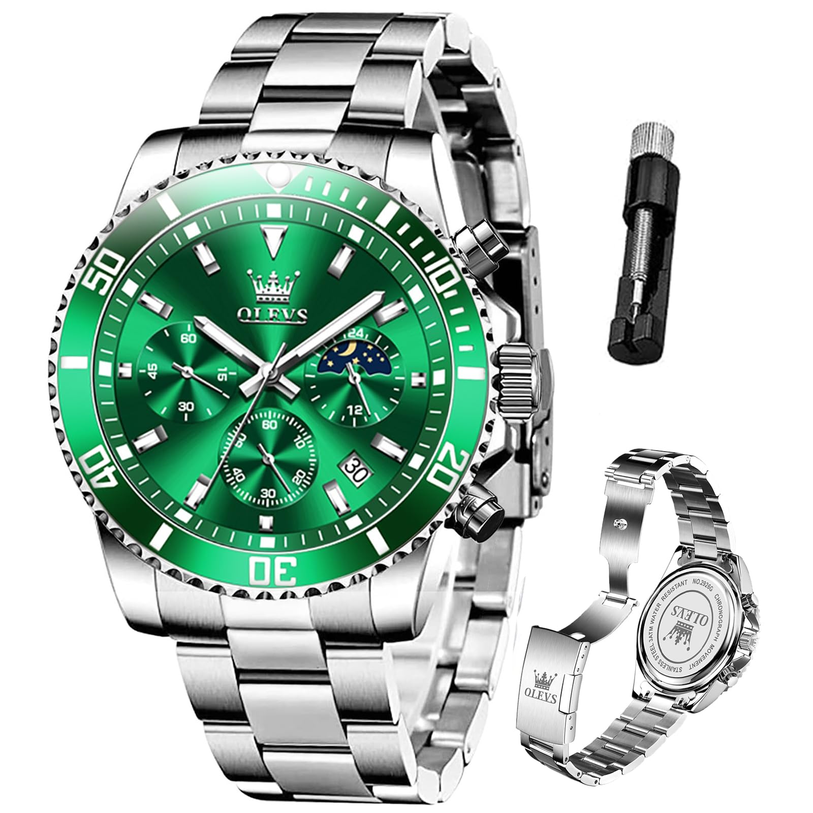 OLEVS Mens Stainless Steel Watch Fashion Luxury Big Face Analog Waterproof