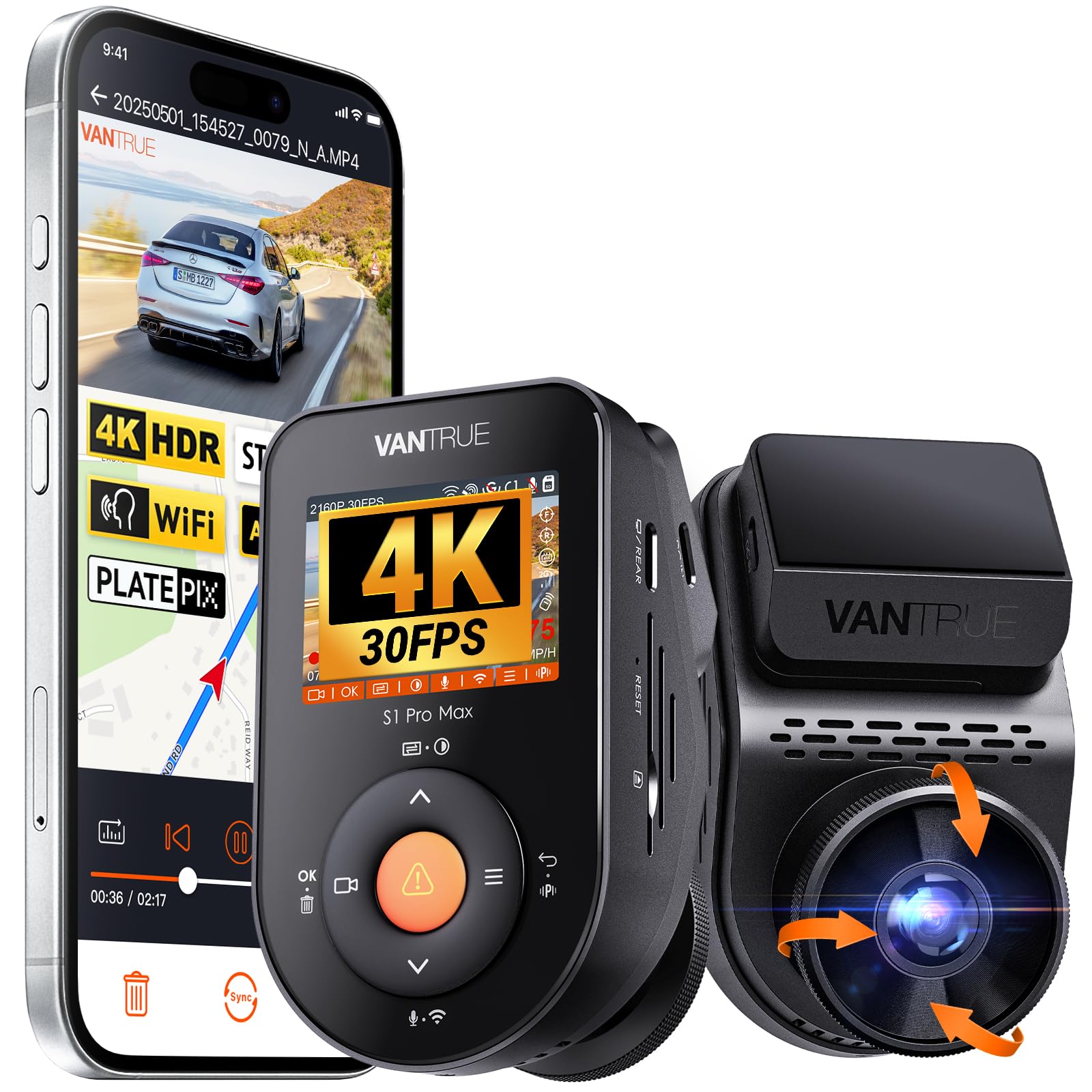 VANTRUE S1 Pro MAX 4K Dashcam Starvis 2, GPS Dash CAM Coche, 155° HDR Monitor con Park Assist, 5G WiFi y LTE Opcional, ADAS Inteligente, Comando de Voz, Modos de Privacidad