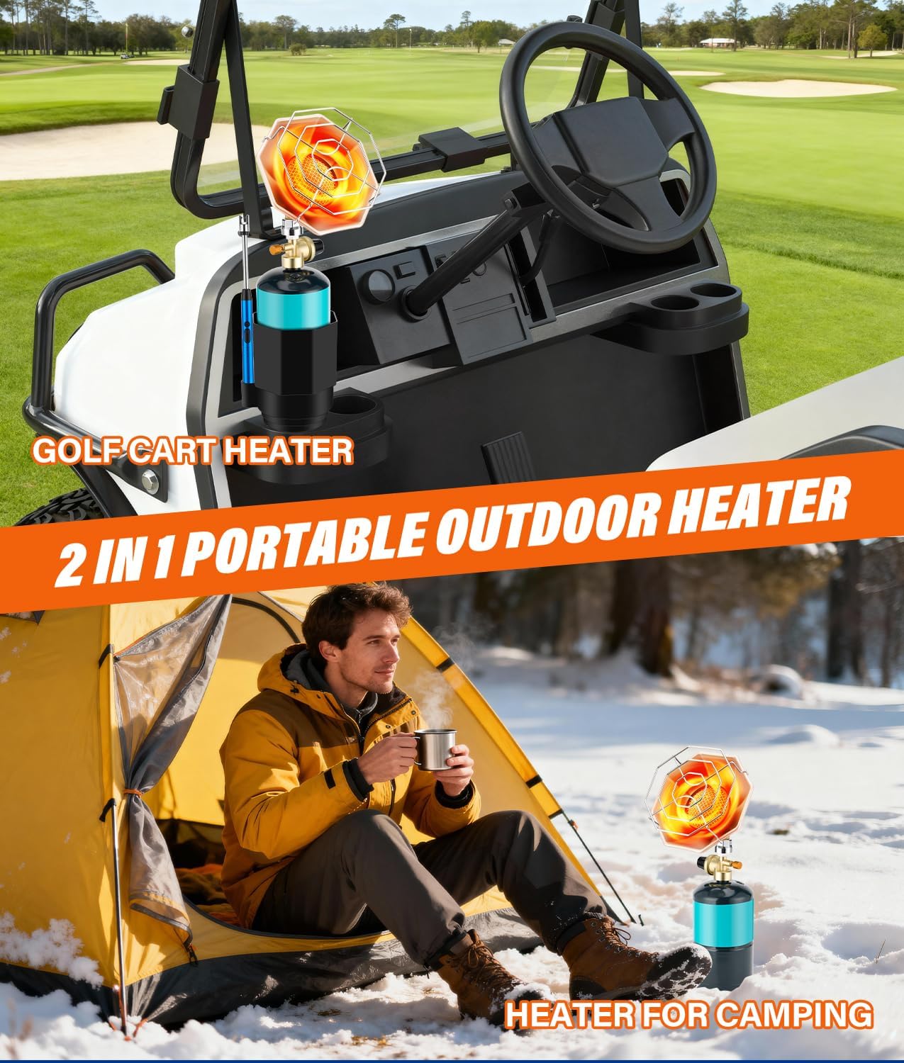 Golf Cart Heater with Cup Holder & Gas Regulator, Portable Propane Heater 6200BTU with Windproof USB Igniter, Outdoor Camping Heaters for Most Golf Carts, EZGO, Yamaha & Club Car(Tank Not Included)