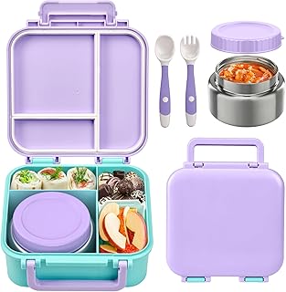 Bento Box for Kids with Soup Thermos(9oz)– Kid Bento Lunch Box with Leak Proof Insulated Food Jar, Hot & Cold Lunch Container Set for School Girls Boys, 4-Compartments, Purple/Blue