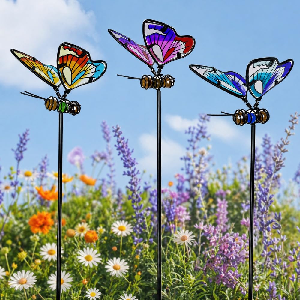 YOFHPT 3PCS Butterfly Garden Ornament, 50 * 9.5CM Butterfly Garden Stake Decor Metal, Metal Butter-fly Stakes for Gar-den to Flower Beds, Pots, Planters, Blue&Pink&Yellow