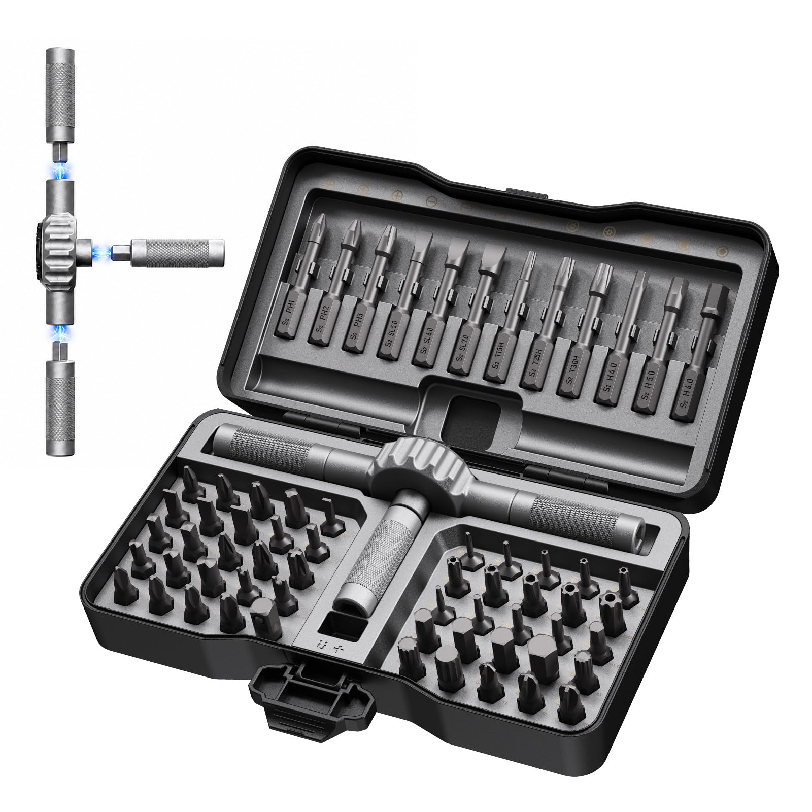 MQFORU Jeu de tournevis à cliquet 66 en 1, magnétique, embouts en acier S2, tige flexible, outil de précision pour montage de meubles, réparation électronique et vélo, kit d'outils à main tout-en-un