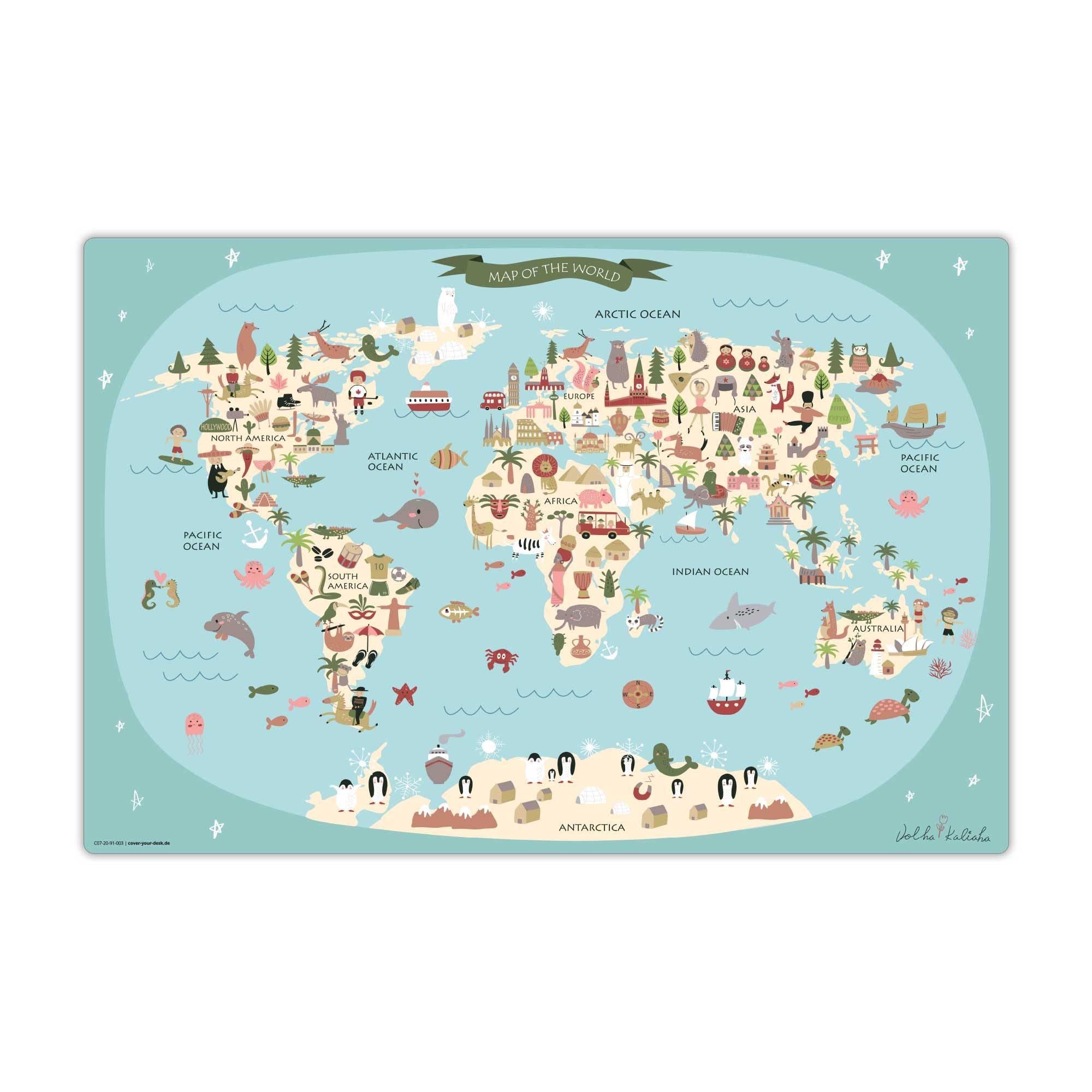 Sottomano da scrivania per bambini – "mappa del mondo" – in vinile resistente di prima qualità (senza plastica BPA) – 60 x 40 cm – Sottomano per la migliore protezione – Made in Germany