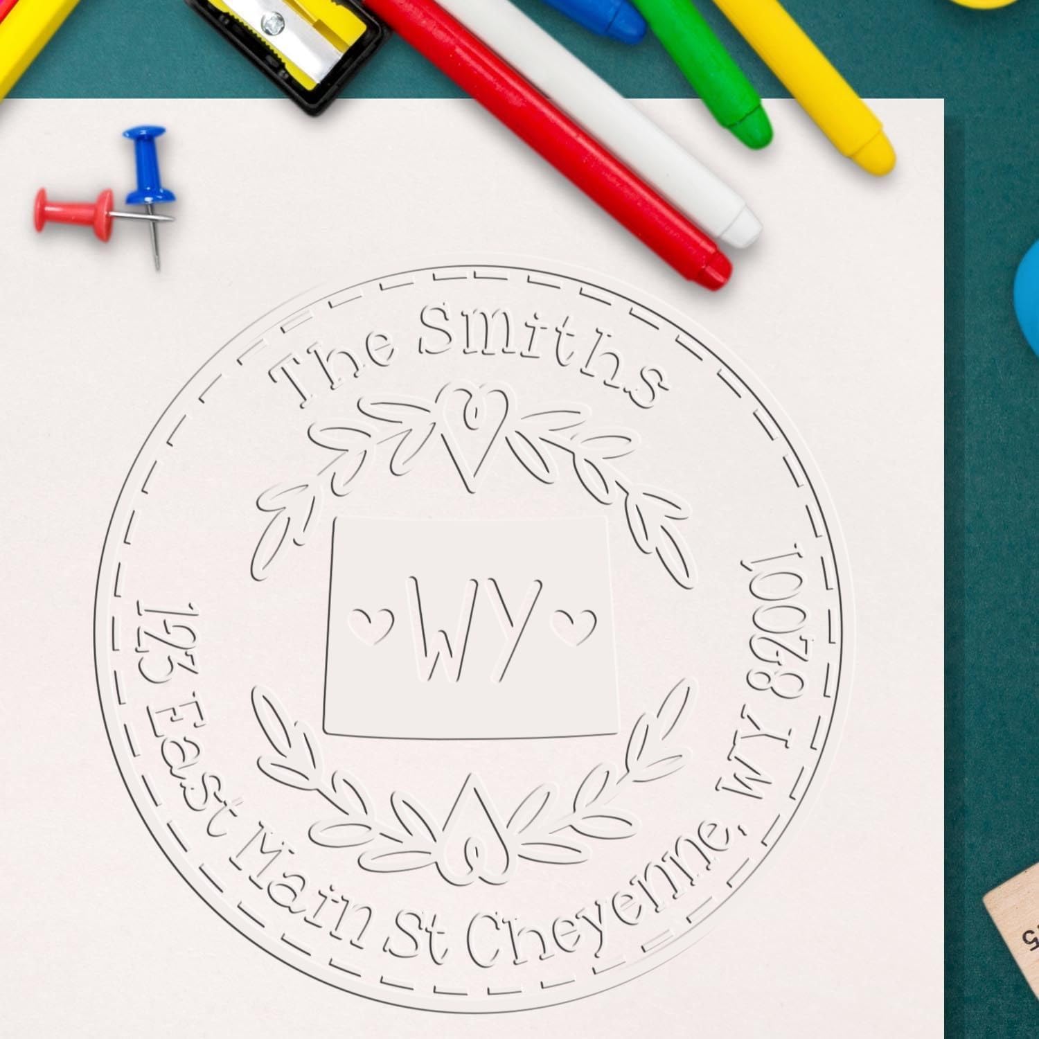 Wyoming State Wreath Custom Name & Address Embosser Seal | 1-5/8 Round Personalized Home Stamping Tool | Decorative Door Monogram Design | Professional School Supplies Embossing Stamp WY