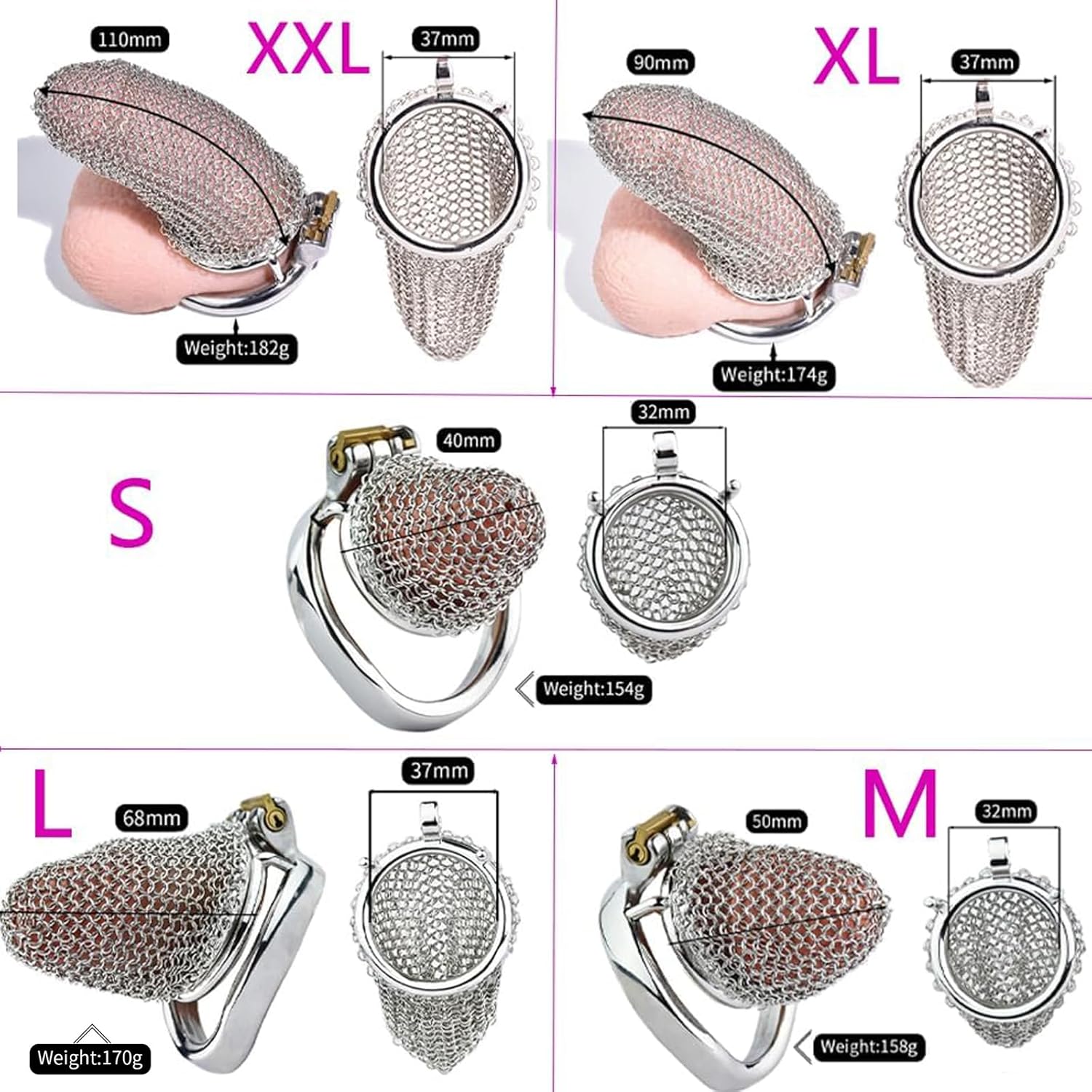 MFMYEE SM Stainless Steel Penis Cage, Mesh Penis Cage with 4 Cock Rings Male Chastity Devices Set, BDSM Restraint Penis Chastity Belt Lock Cock Cage, Adult Bondage Game Sex Toy (L, Round Ring 50mm)