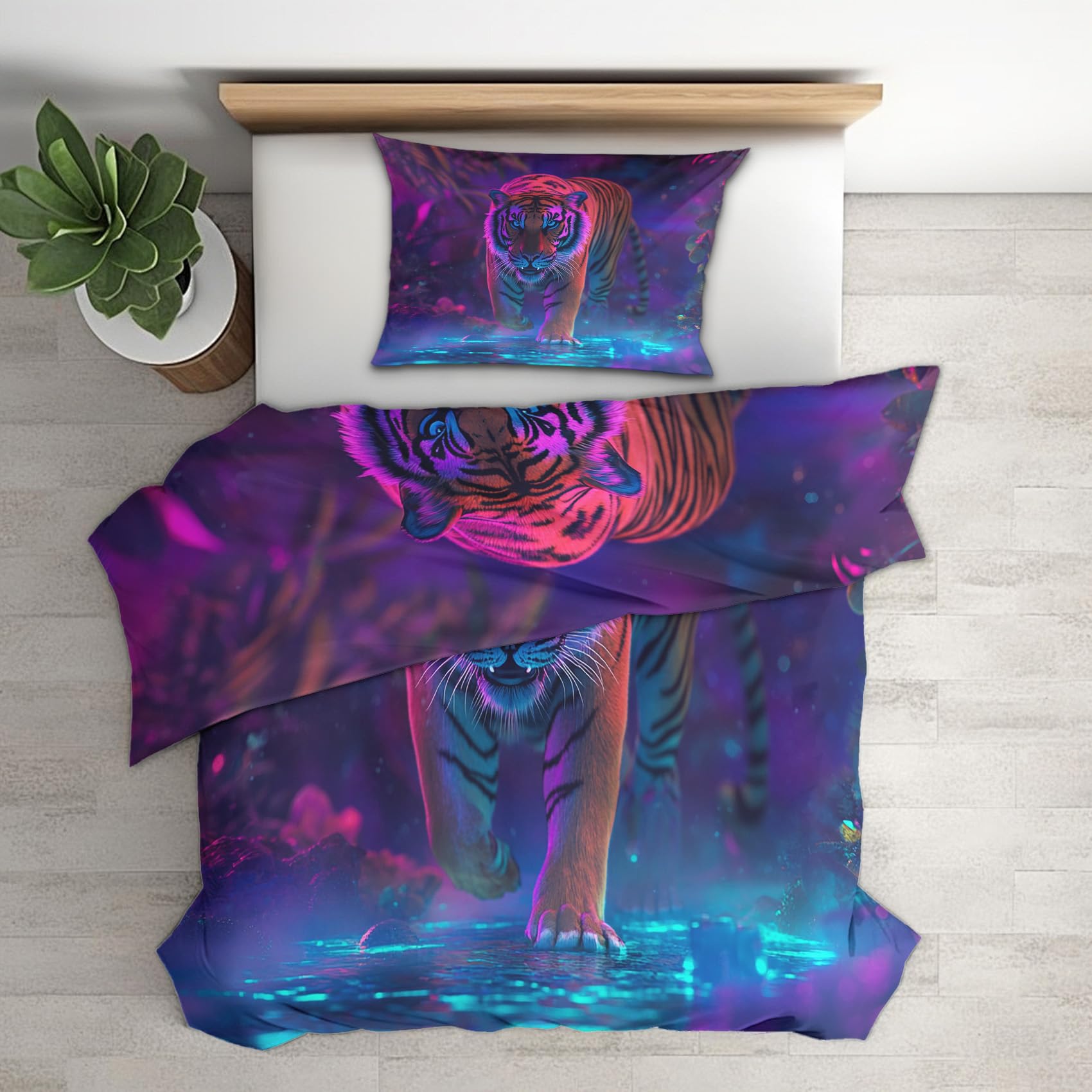 Housse de couette tigre 140x200 cm avec sa taie d'oreiller assortie pour lit 1 personne