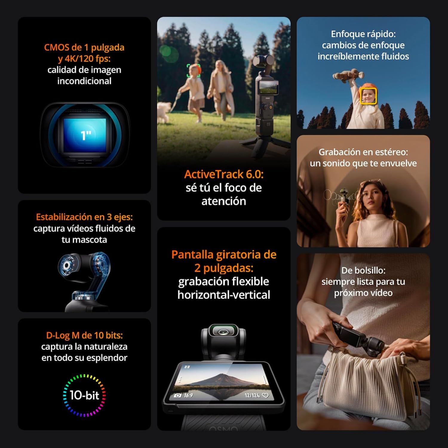 DJI Osmo Pocket 3, cámara con CMOS 1'' y vídeo 4K/120 fps, estabilización en 3 Ejes, Enfoque rápido, Seguimiento de Caras/Objetivos, Pantalla táctil giratoria de 2" Osmo Pocket 3 Creator Combo
