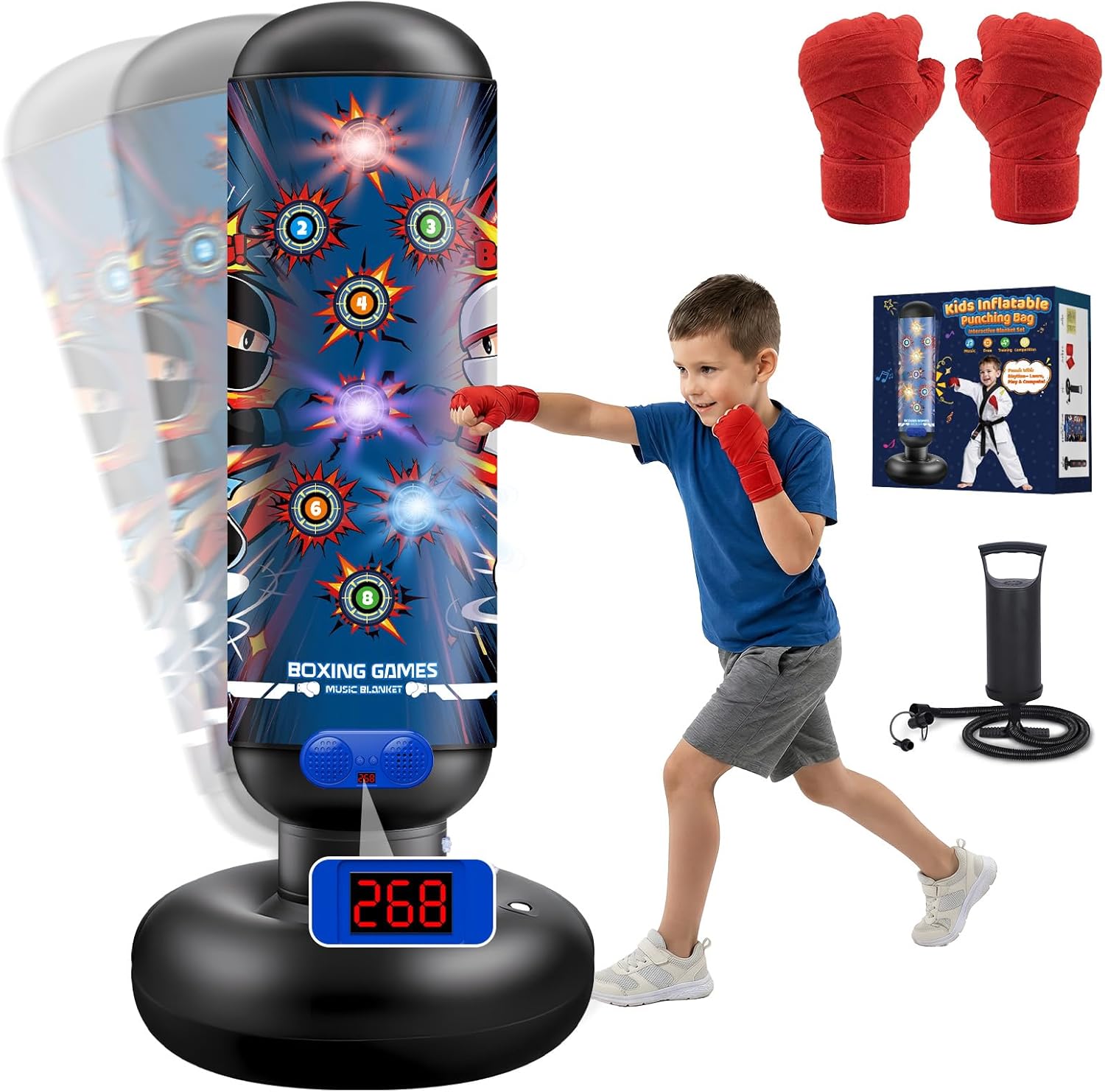 Kids Inflatable Punching Bag Toys: 4 Modes Interactive Boxing Game Stand Set with Music LED Lights Air Pump - Christmas Birthday Gifts Sports Play for Boys Girls Ages 6 7 8 9 10 11 12 Year Old