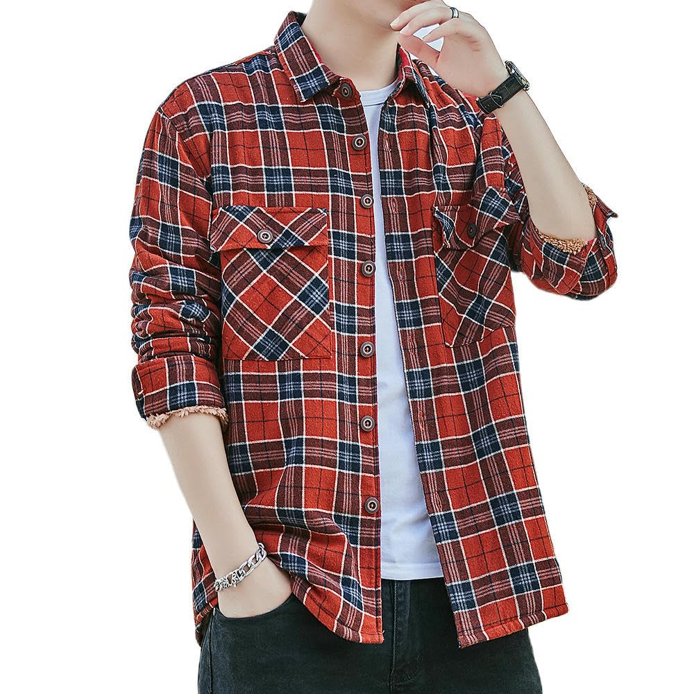 Camicia da uomo in flanella, foderata in pile, a maniche lunghe, con bottoni, per l'inverno, per il tempo libero