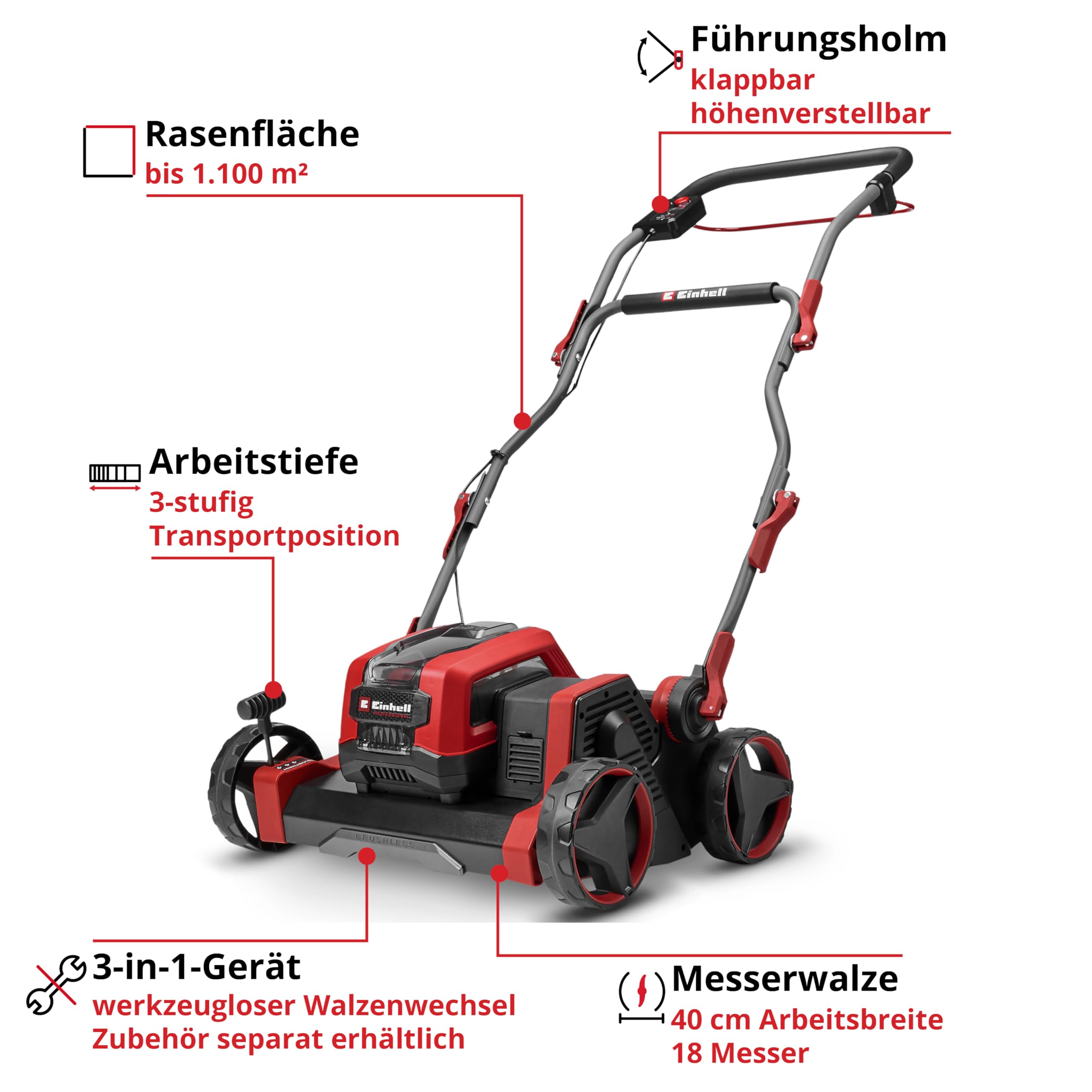 Einhell Professional Akku-Vertikutierer-Lüfter GP-SC 36/40 Li BL-Solo | PXC | 36 V | 40 cm Arbeitsbreite | Brushless | bis 1100 m² | einstellbare Arbeitstiefe | ohne Akku