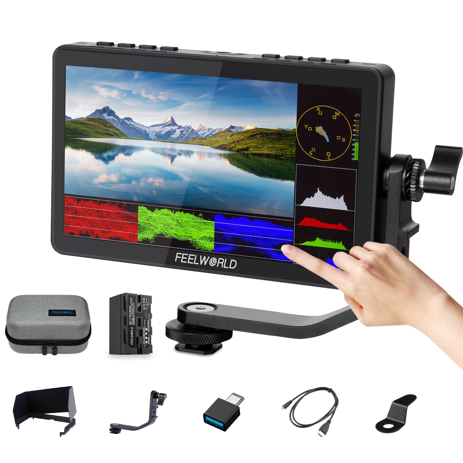 FEELWORLD F5 Pro V4 Moniteur Champ de Caméra 6 Pouces Écran Tactile HDR LUT 3D avec Batterie, Organisateur de Moniteur de caméra, IPS 1920x1080 4K HDMI 5 V Type-c Input