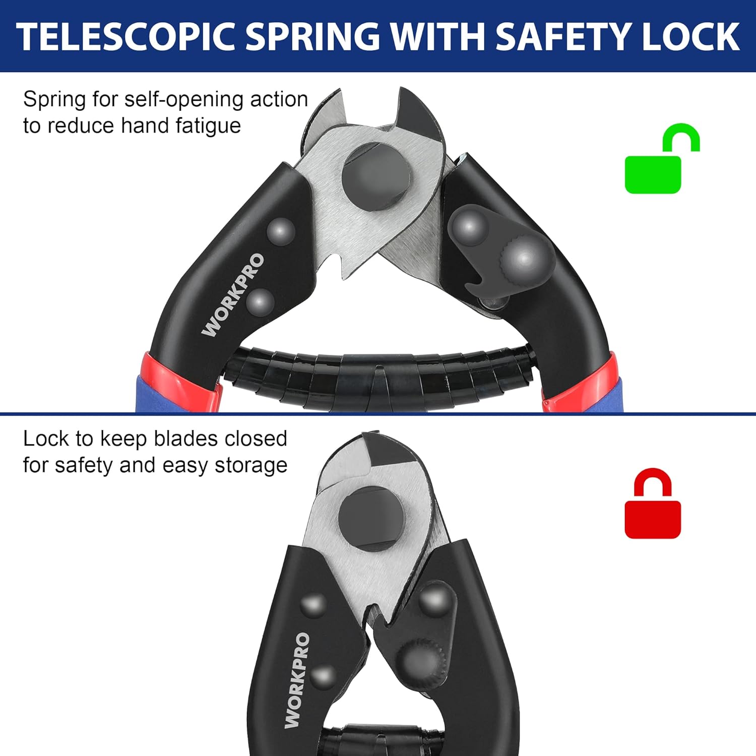 WORKPRO Cable Cutter, 7-1/2 Inch Heavy Duty Wire Rope Cutter, Chrome Vanadium Steel Jaw, For Hard Wire Ropes, Steel Wires And Aircraft Cables