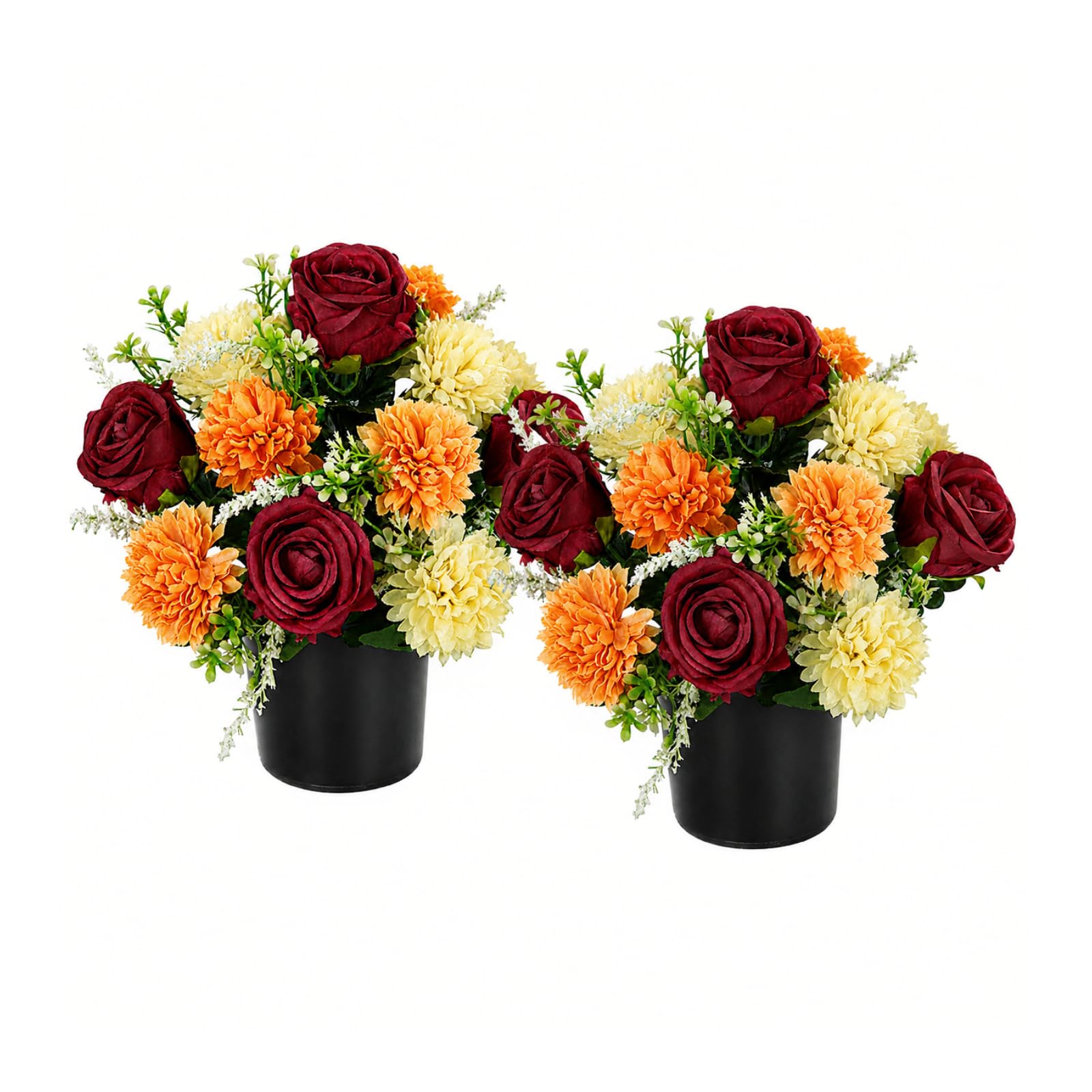 CECOMBINE 2PCS Artificial Cemetery Flowers, Grave Flowers Rose and Chrysanthemum in Pot, UV Resistant Silk Memorial Bouquet for Cemetery, Memorial, Outdoor Graveside Decoration