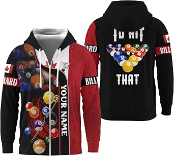 Casual Pool League Zipper Hoodie for Canadian Cue Game Pros 3D Hooded Jacket with Billiard Balls Image