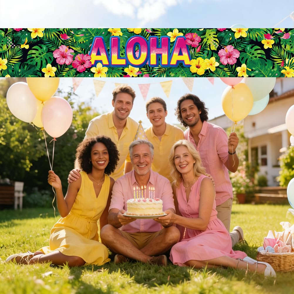PRESSINART Hawaiian Aloha Party Banner Aloha Party Backdrop 118 x 19.7 Inch Tropical Plant Flower Pattern Polyester Yard Sign Background with 10M Rope for Outdoor or Indoor House Decorations Supplies - Image 3