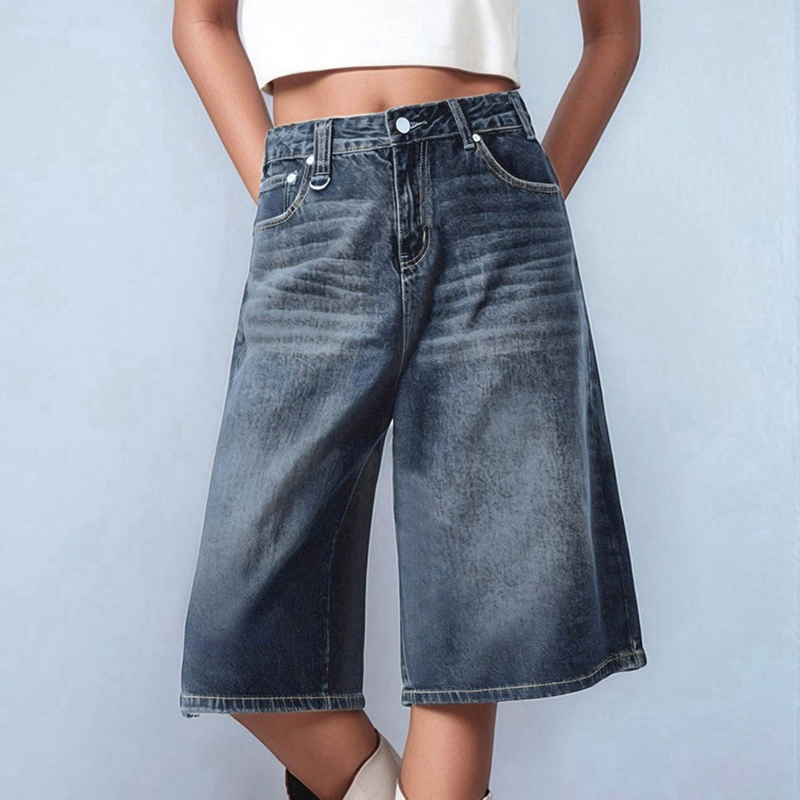 Jean 3/4 ample pour femme - Jambe large - Décontracté - Taille haute - Longueur genou - Short en jean extensible - Bermuda d'été Hip Hop pour femme
