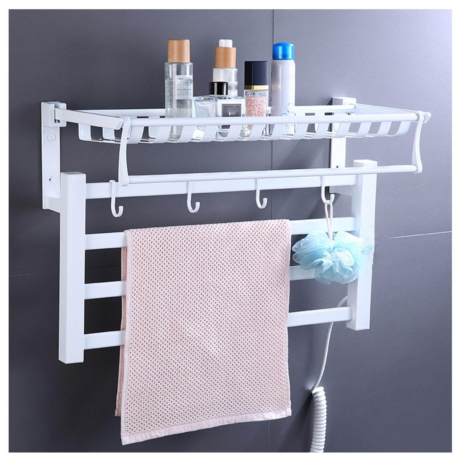 Termoarredo Elettrico, Scaldasalviette Elettrico da Bagno con Temporizzatori e Termostato, Portasciugamani a Parete con Vassoio Del Ripiano Superiore,Bianca,Right Line
