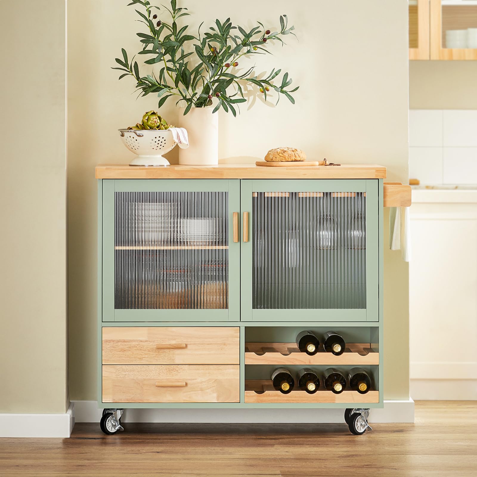 SoBuy Carrito de Cocina con Ruedas y Puertas de Cristal, 109x92x40 cm | Isla de Cocina con encimera, 2 cajones, botellero 10 bot./8 copas, carga de 90 kg, MDP/PB, para cocina, FKW114-GR