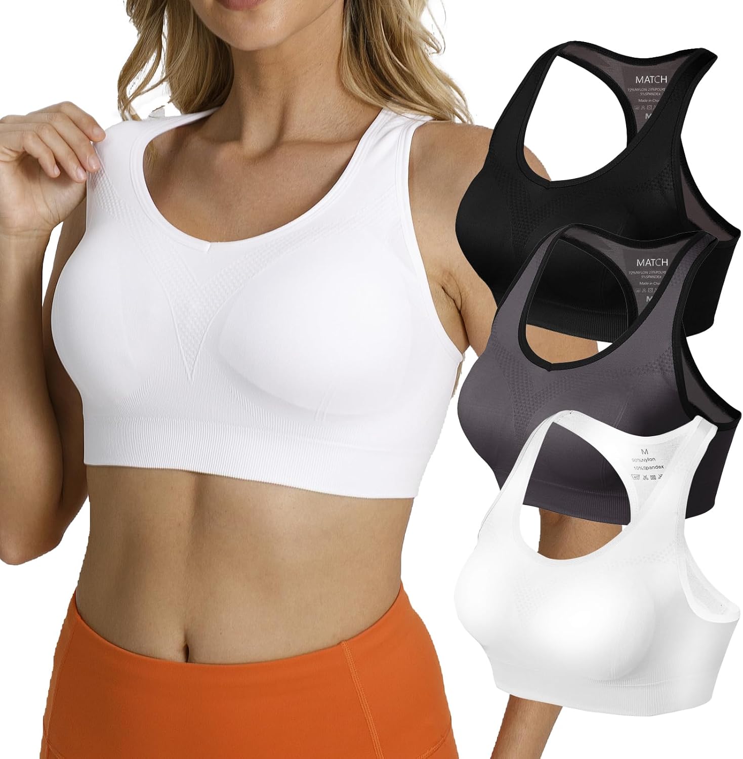 Match Racerback Sports Bras for Women – Padded Seamless Strappy Workout Tops for Yoga Gym Runing Fitness Sports Bras