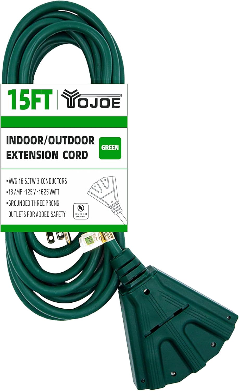 YOJOE 15 Foot Green Outdoor Extension Cord with 3 Power Outlets 16/3