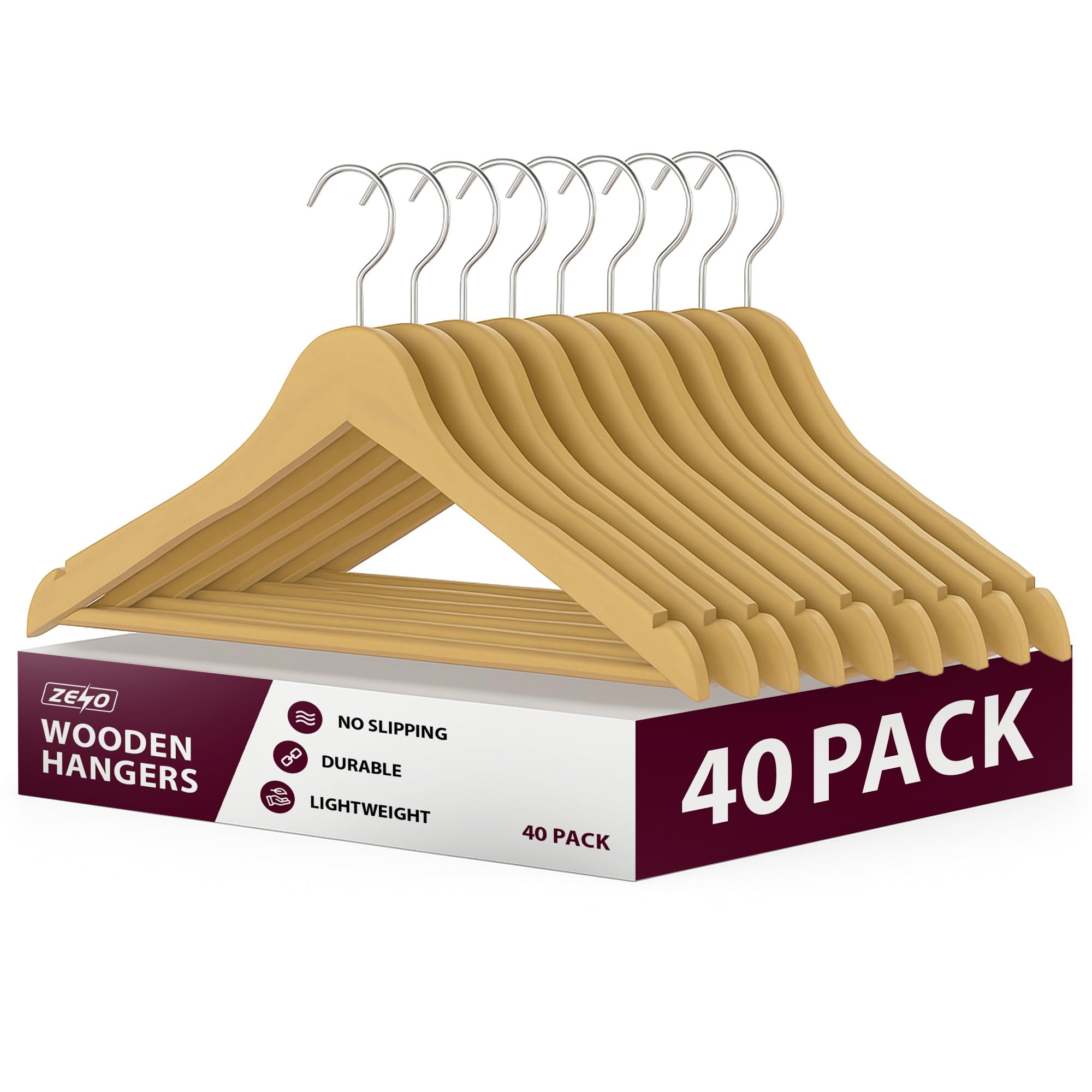Zeno Wooden Coat Hangers 40 Pack | 360 Degree Rotatory Hook Hangers For Clothes | Round Trouser Bar & Shoulder Notches | Durable Wardrobe Space Saver | Suitable For Coat, Jacket, Suit, Jumper
