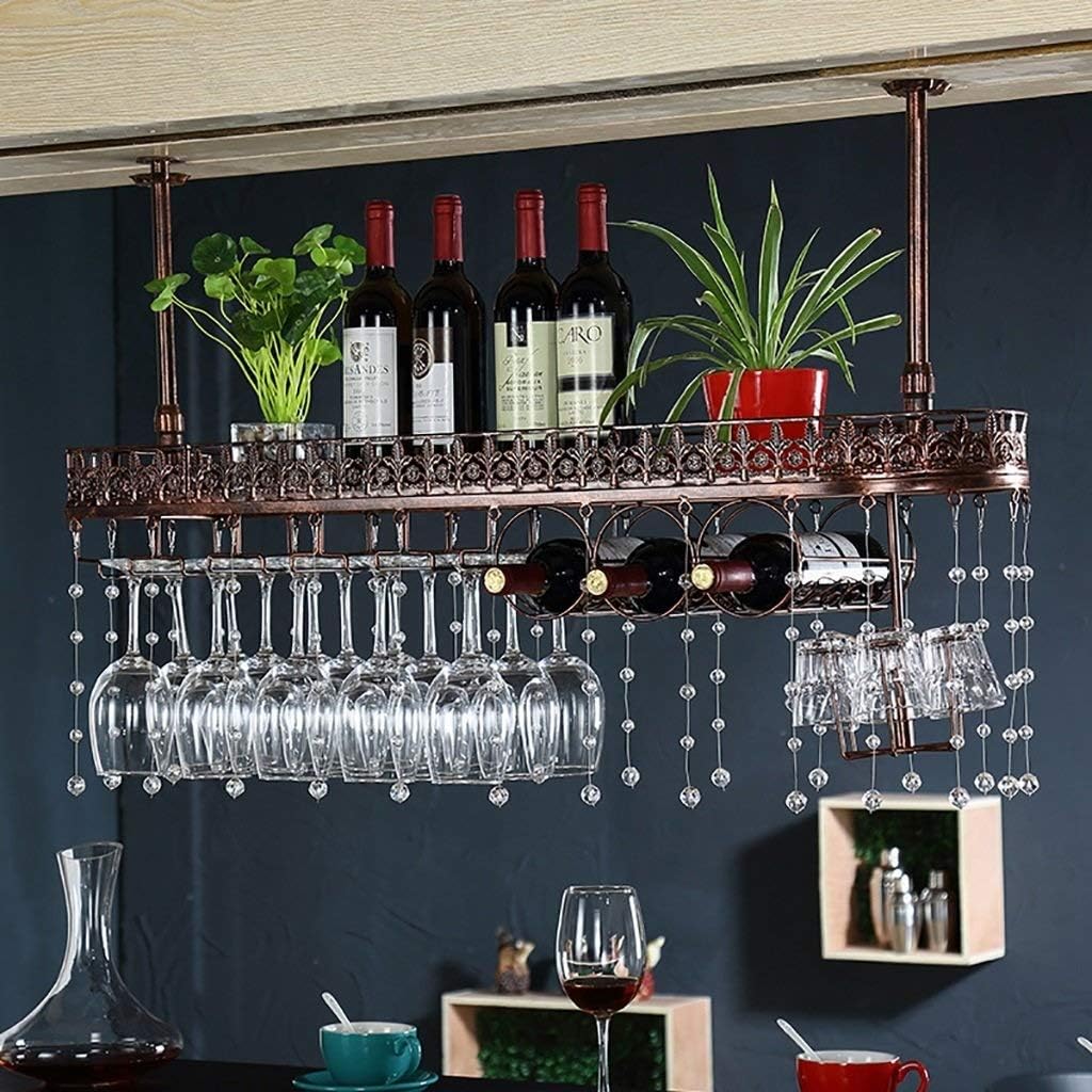 CAIMEI Barware Wine Glass Rack Wine Cabinet, Bar Front Desk Wrought Iron Rack Ceiling Goblet Wine Glass Rack Hanging Upside Down (Color : Black, Size : 100 * 25 * 32Cm)/Brown/60 * 25 * 32Cm