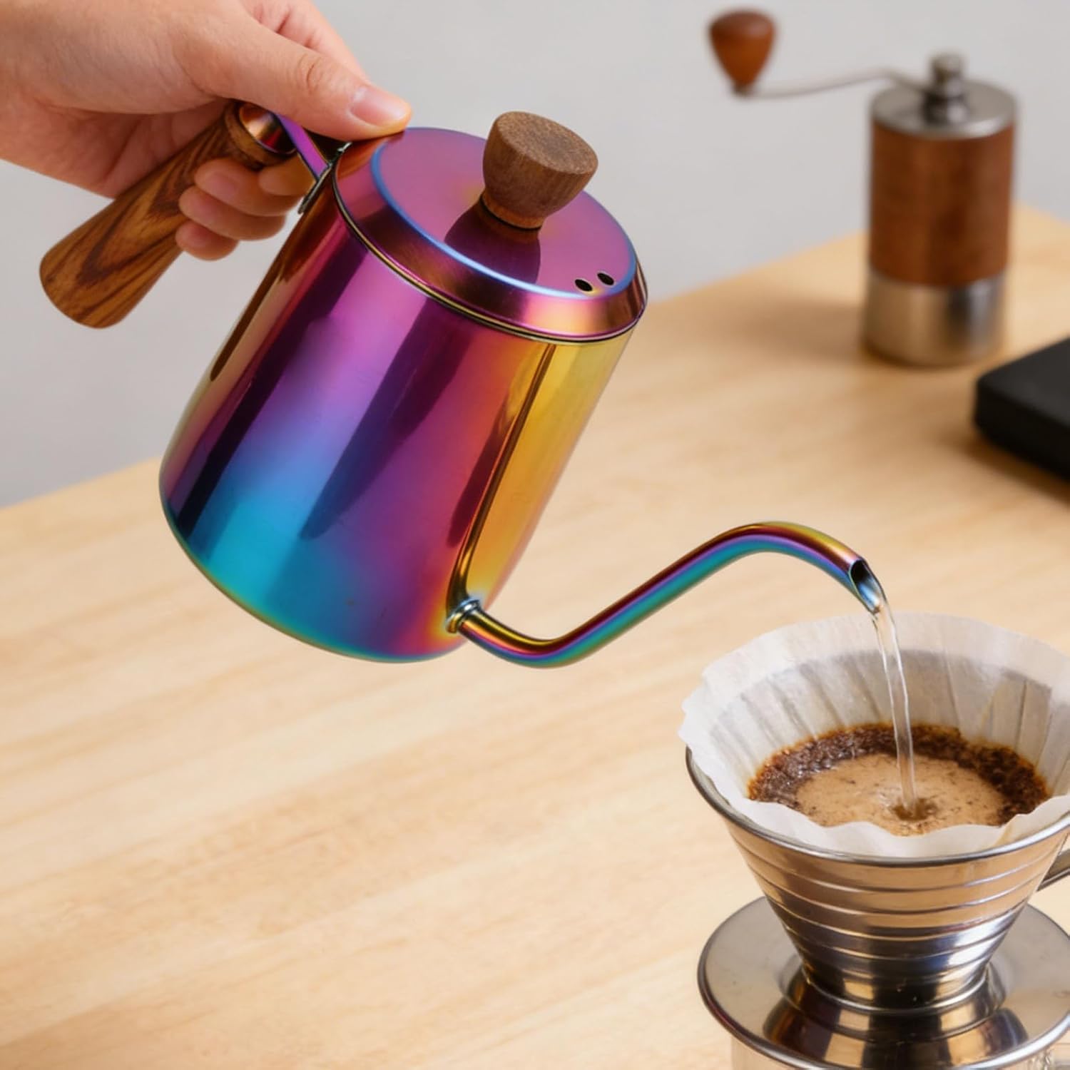 Yosoo Pour Over Coffee Kettle, 600ML Stainless Steel Gooseneck Pour Over Kettle with Wood Handle for Home Office Travel