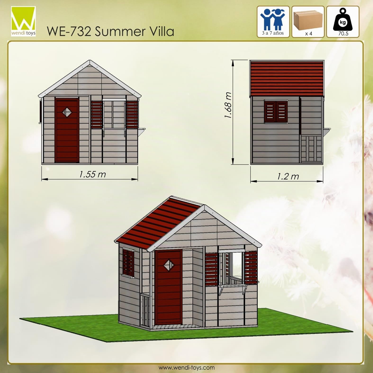 casa de Juegos de Madera para niños jardín 120×155×168 cm con Puerta, Ventana, persianas, terraza y estantería Interior, Color Rojo – M12R