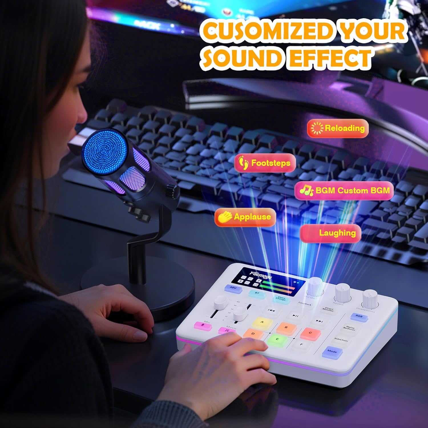 Facmogu G9 Audio Mixer demonstrating custom sound effects