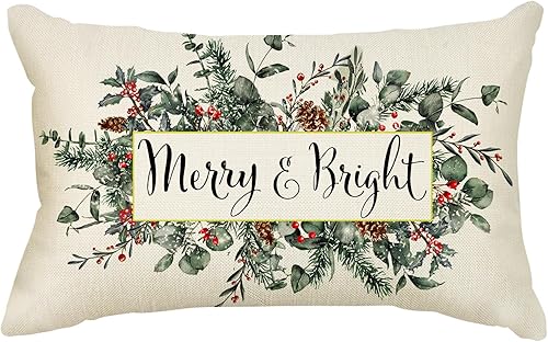 AOKE Funda de almohada de muérdago de eucalipto navideño Merry & Bright de 12 x 20 pulgadas, funda de almohada lumbar decorativa de invierno para