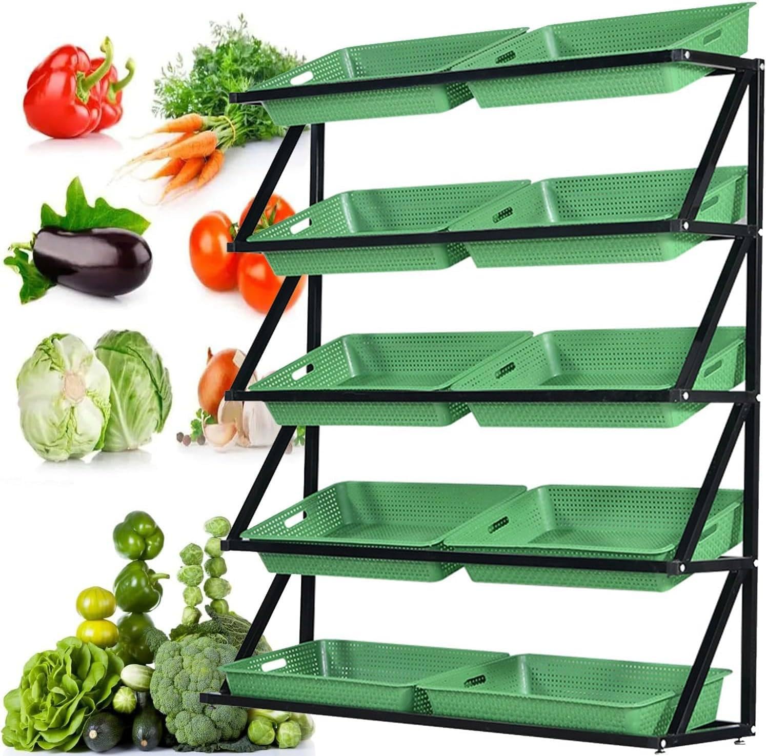 Memykoy Supermarket Fruit Vegetable Display Shelf with 8/10 Baskets, 4/5 Layer Market Stand for Retail Pantry Convenience Stores, Large Capacity Snack Storage Organizer Green-5Tier