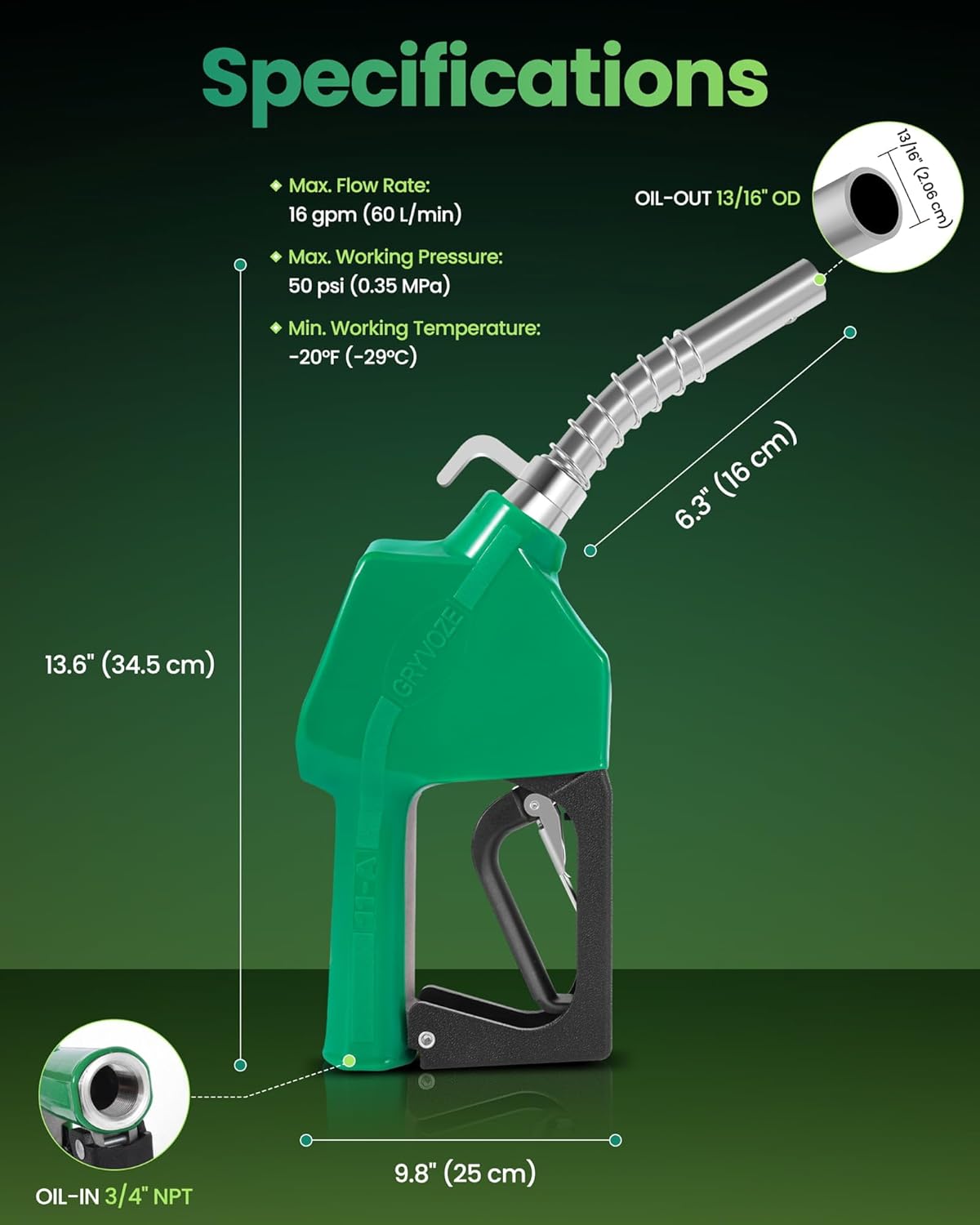3/4" NPT Automatic Fuel Nozzle, 16 GPM Diesel Gas Pump Nozzles with Hook & 3-Position Auto Lock, Fuel Hose Handle Transfer Gun Gas Pump Nozzle for Gasoline, Diesel, Kerosene and Water