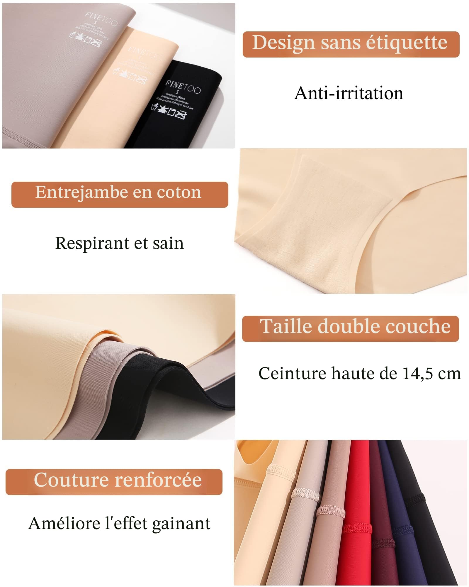 FINETOO Lot de 4 Slips Ventre Plat pour Femmes Slip Taille Haute Seamless Slip Taille Haute sous-vêtements Femmes Panty sans Couture Multipack S-3XL