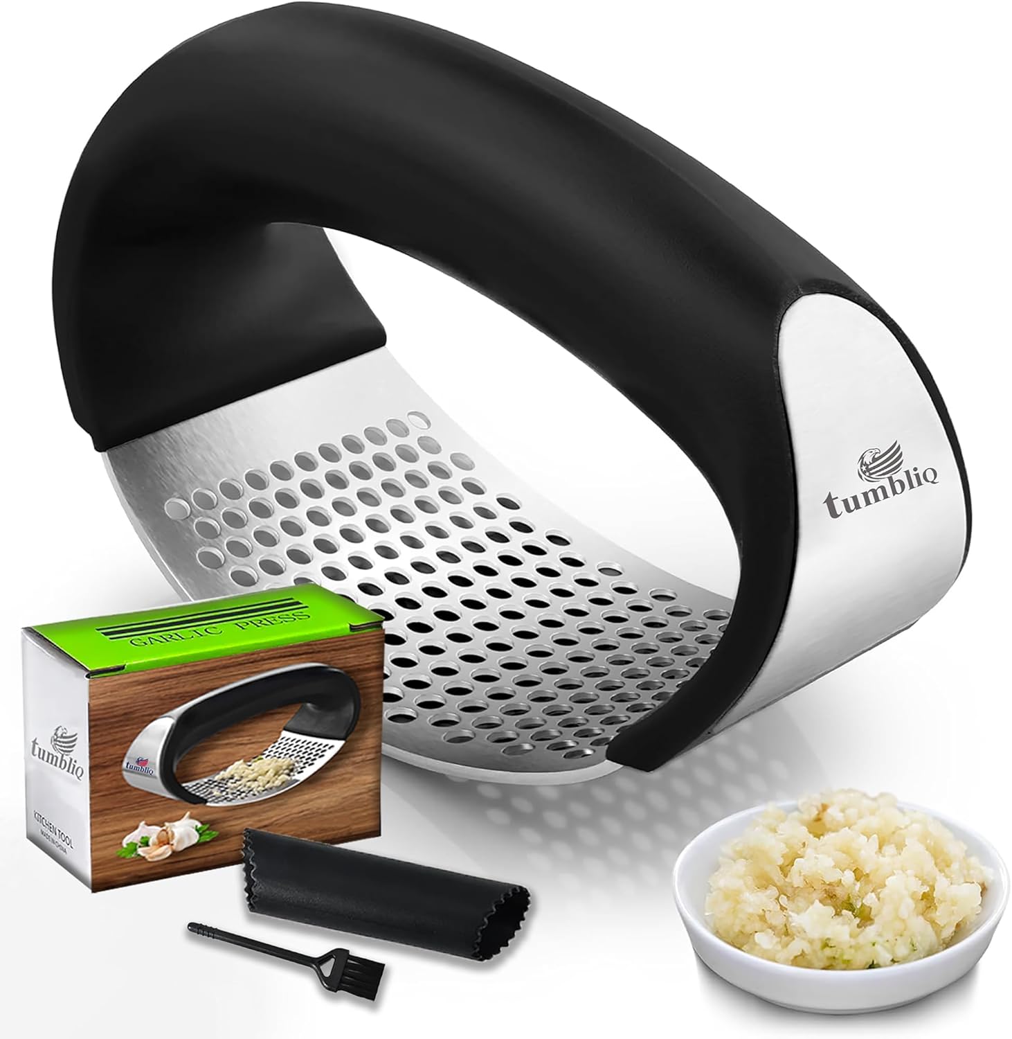 tumbliQ Garlic Press Rocker Set - Heavy Duty Stainless Steel, Ergonomic Garlic Crusher with Peeler & Brush for Easy Kitchen Prep