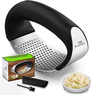 tumbliQ Garlic Press Rocker Set - Heavy Duty Stainless Steel, Ergonomic Garlic Crusher with Peeler & Brush for Easy Kitchen Prep