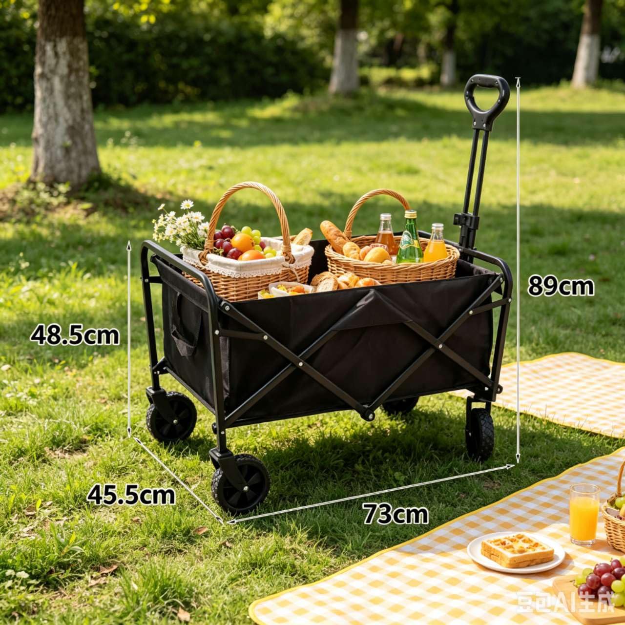 Carrito Plegable de Camping 160L, Carro de Mano Multiusos con Ruedas, Manillar Ajustable, para Playa, Compras, Picnic y Jardín. (Negro)