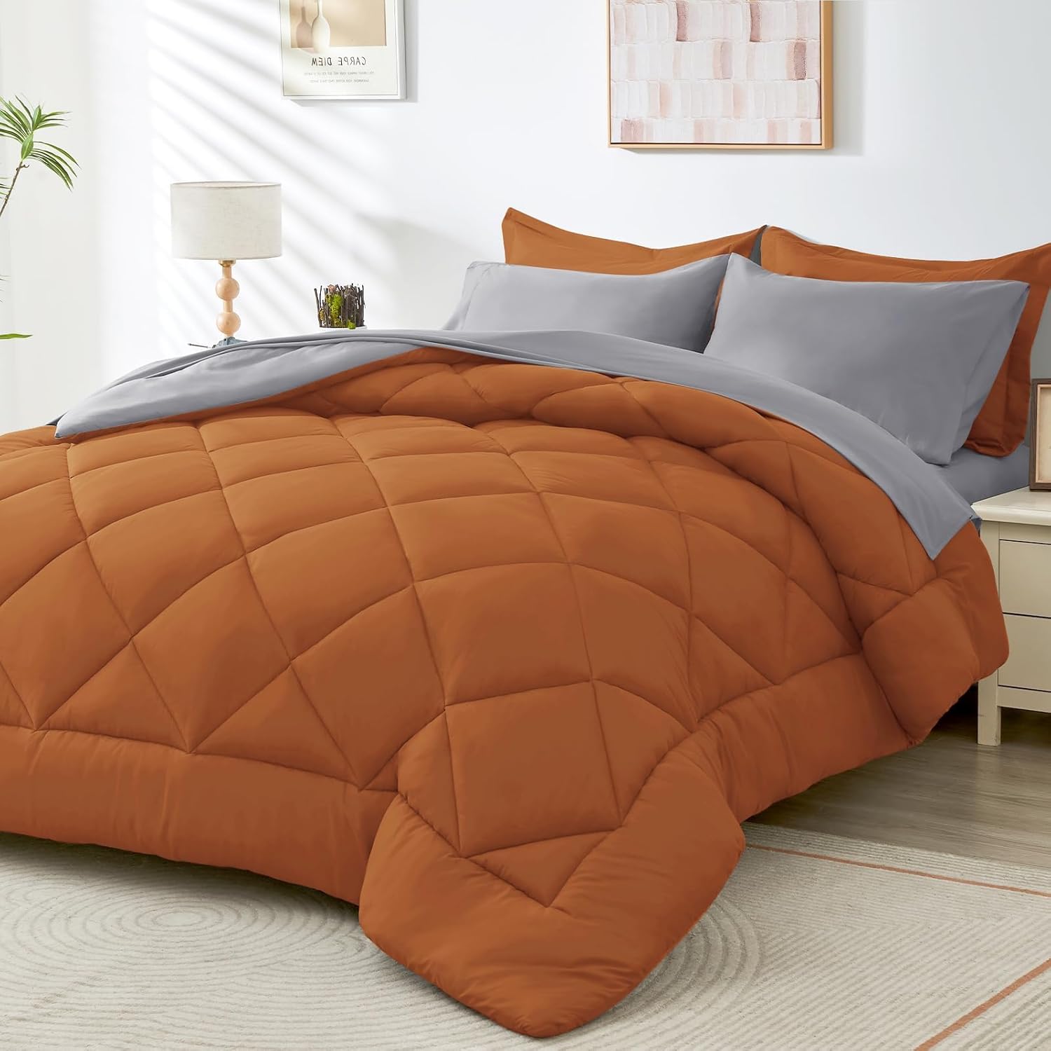 HEVUMYI Twin-XL Comforter Set - 5-Piece All Season Bed in a Bag Twin-XL, Ultra Soft Bedding Set with Comforter, Flat Sheet, Fitted Sheet, Pillowcases, Pillow Shams, Orange & Light Grey