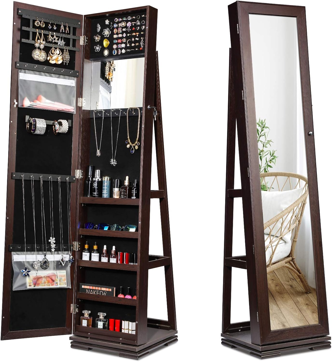 TWING Jewelry Organizer Jewelry Cabinet 360 Rotating, Lockable Standing Wall Jewelry Armoire with Full Length Mirror Large Jewelry Armoire Cabinet(Brown) : Clothing, Shoes & Jewelry