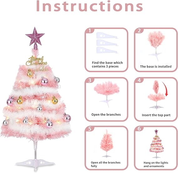 Small Pink Christmas Tree, 2ft Mini Christmas Tree, Artificial Small Desktop Xmas Tree with Lights and Tree Ornaments, for Christmas Thanksgiving Decorations