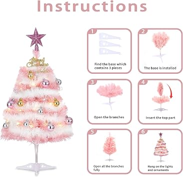 Small Pink Christmas Tree, 2ft Mini Christmas Tree, Artificial Small Desktop Xmas Tree with Lights and Tree Ornaments, for Christmas Thanksgiving Decorations