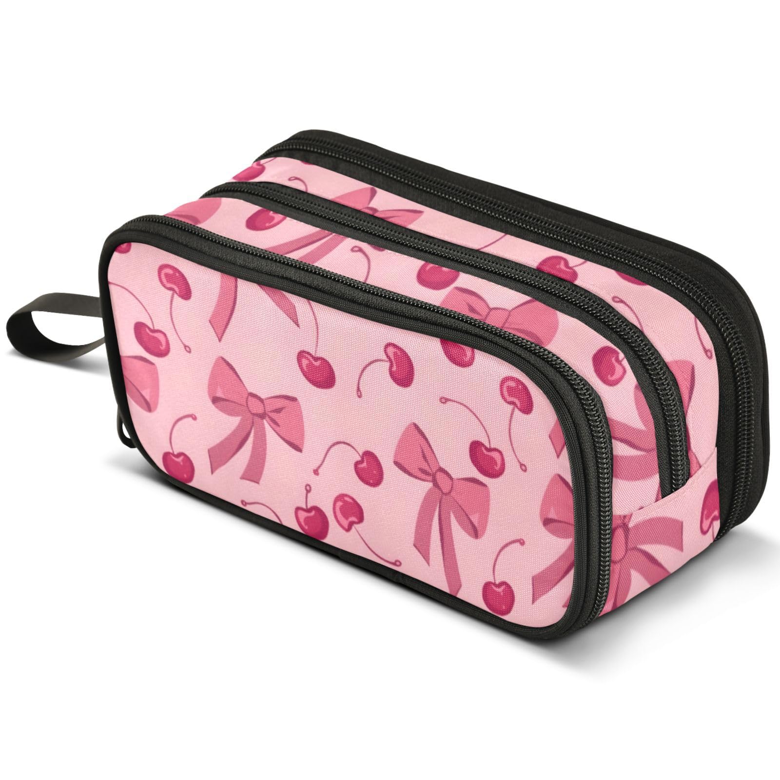 ALAZA Pink Bow Cherry Large Pencil Case, Pen Pouch Pencil Bag with 3 Compartments Pen Holder Organizer Stationery Bag